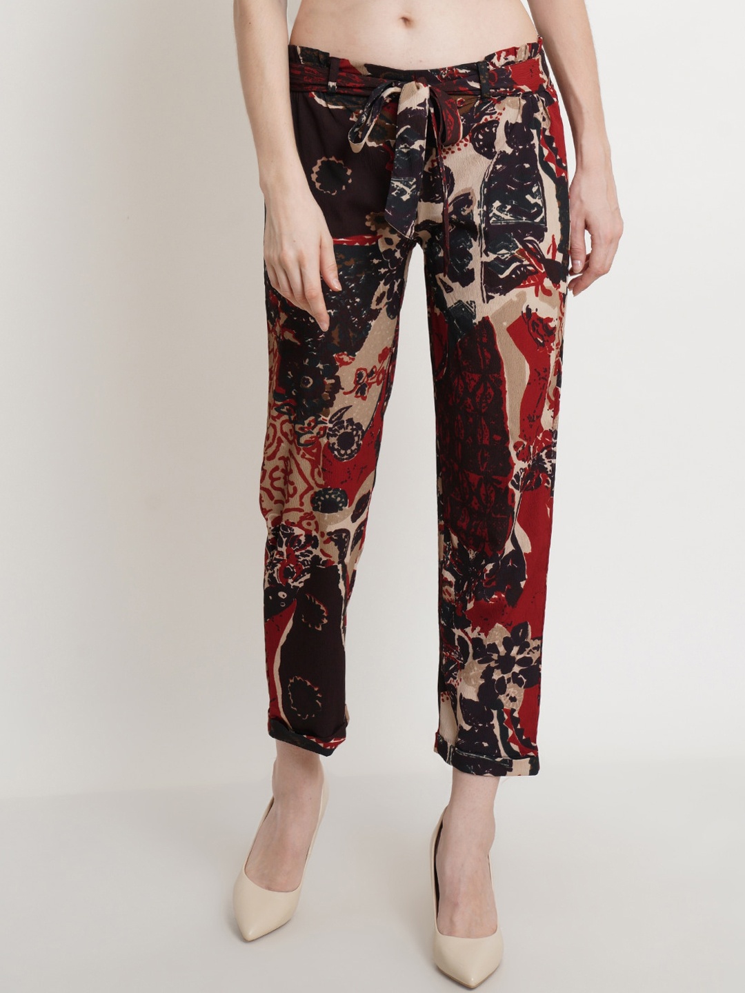 

Popwings Women Printed Regular Fit Easy Wash Trousers, Coffee brown