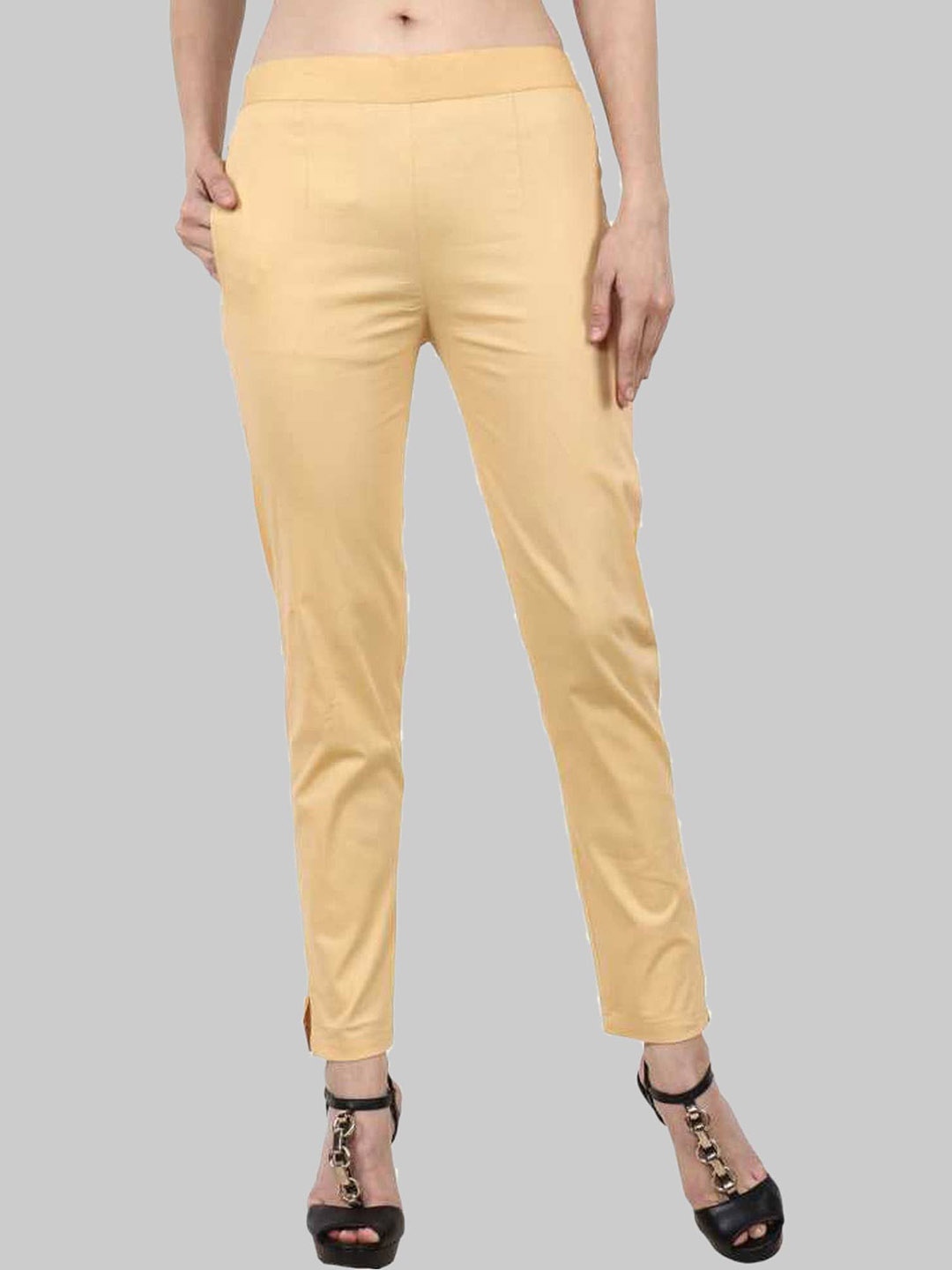 

Popwings Women Mid-Rise Stretchable Cigarette Trousers, Beige