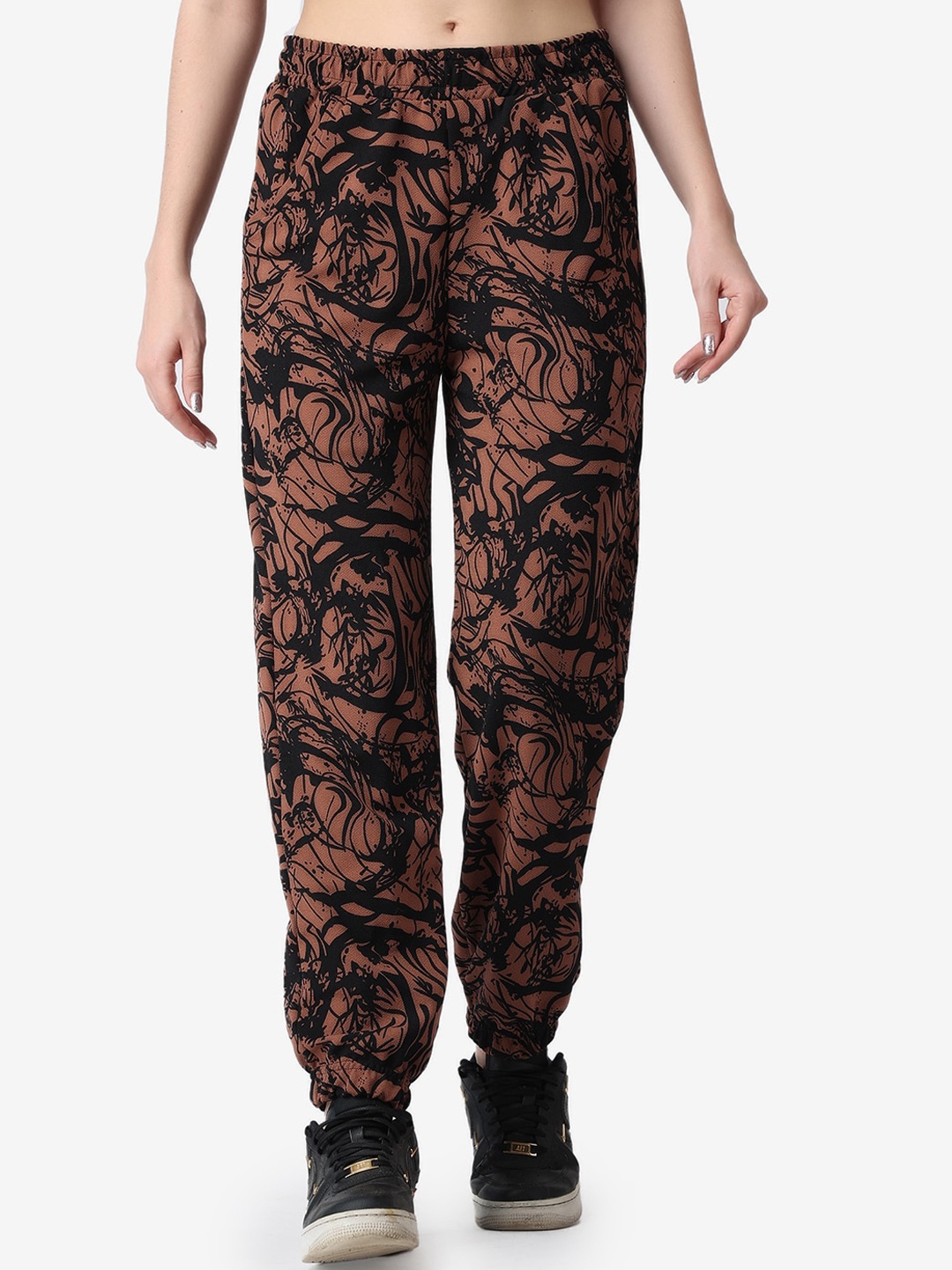 

Popwings Women Abstract Printed Smart Loose Fit High-Rise Joggers Trousers, Coffee brown