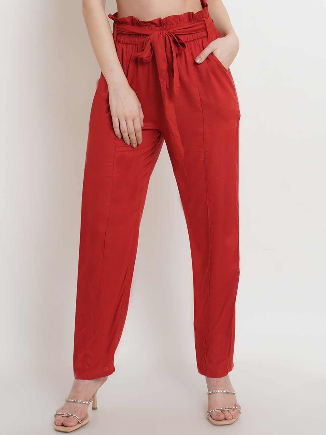 

Popwings Women Smart Regular Trousers, Maroon