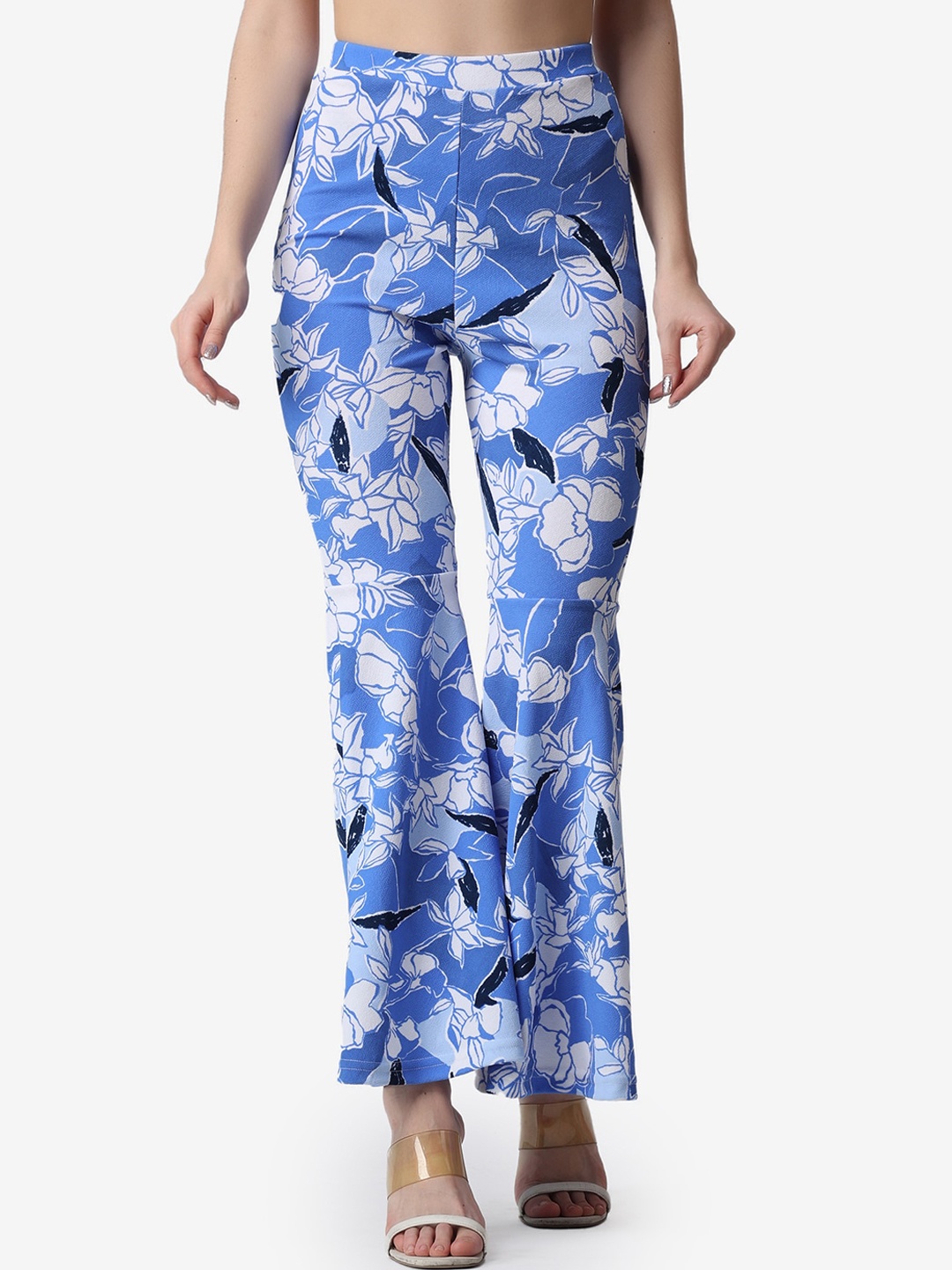 

Popwings Women Floral Printed Smart Flared High-Rise Wrinkle Free Parallel Trousers, Blue