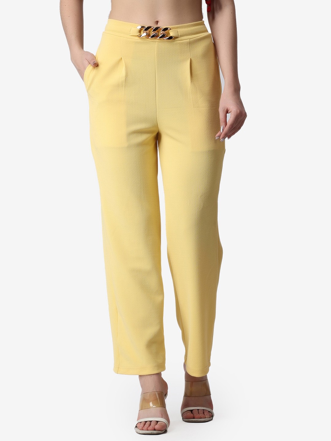 

Popwings Women Smart Loose Fit Wrinkle Free Pleated Trousers, Yellow