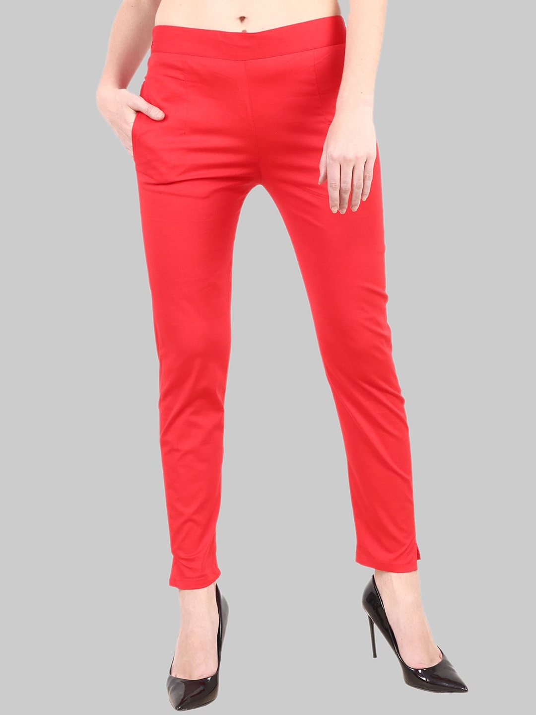 

Popwings Women Relaxed Mid-Rise Easy Wash Stretchable Trousers, Red