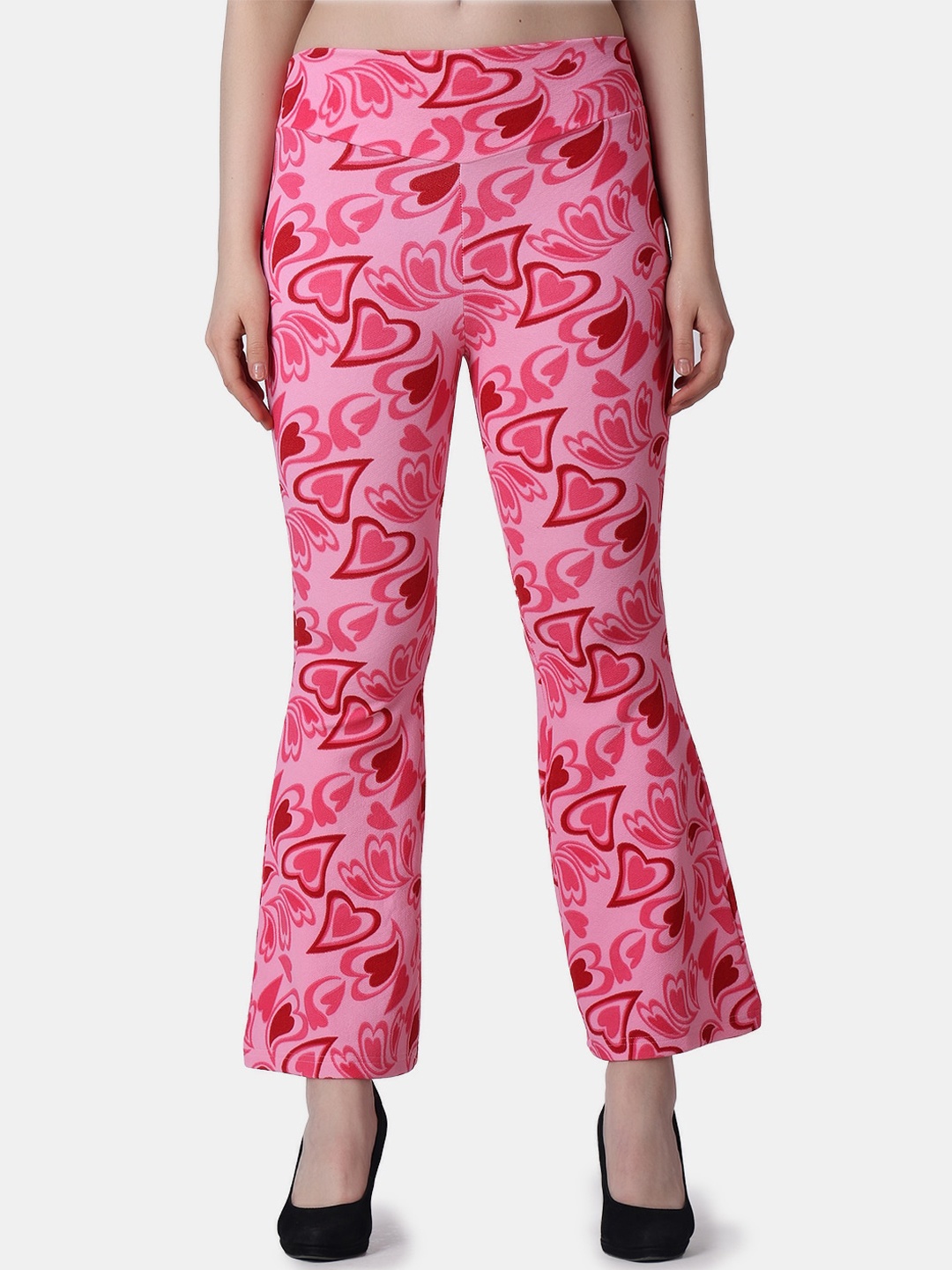 

Popwings Women Conversational Printed Relaxed Easy Wash Bootcut Trousers, Pink