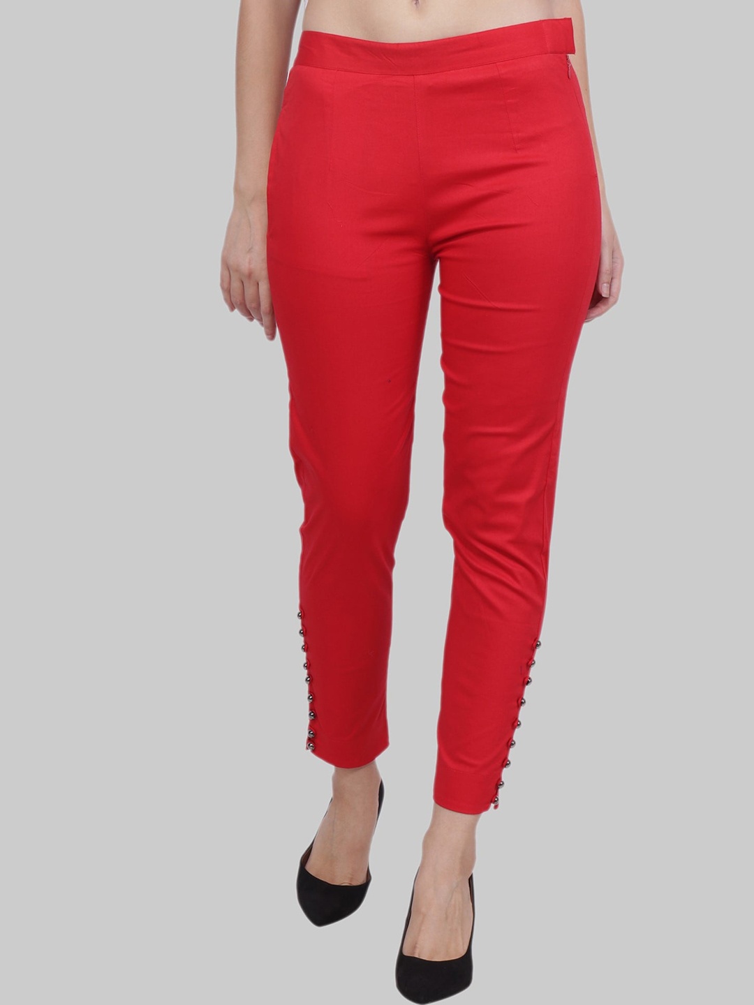 

Popwings Women Smart Mid Rise Stretchable Trousers, Red