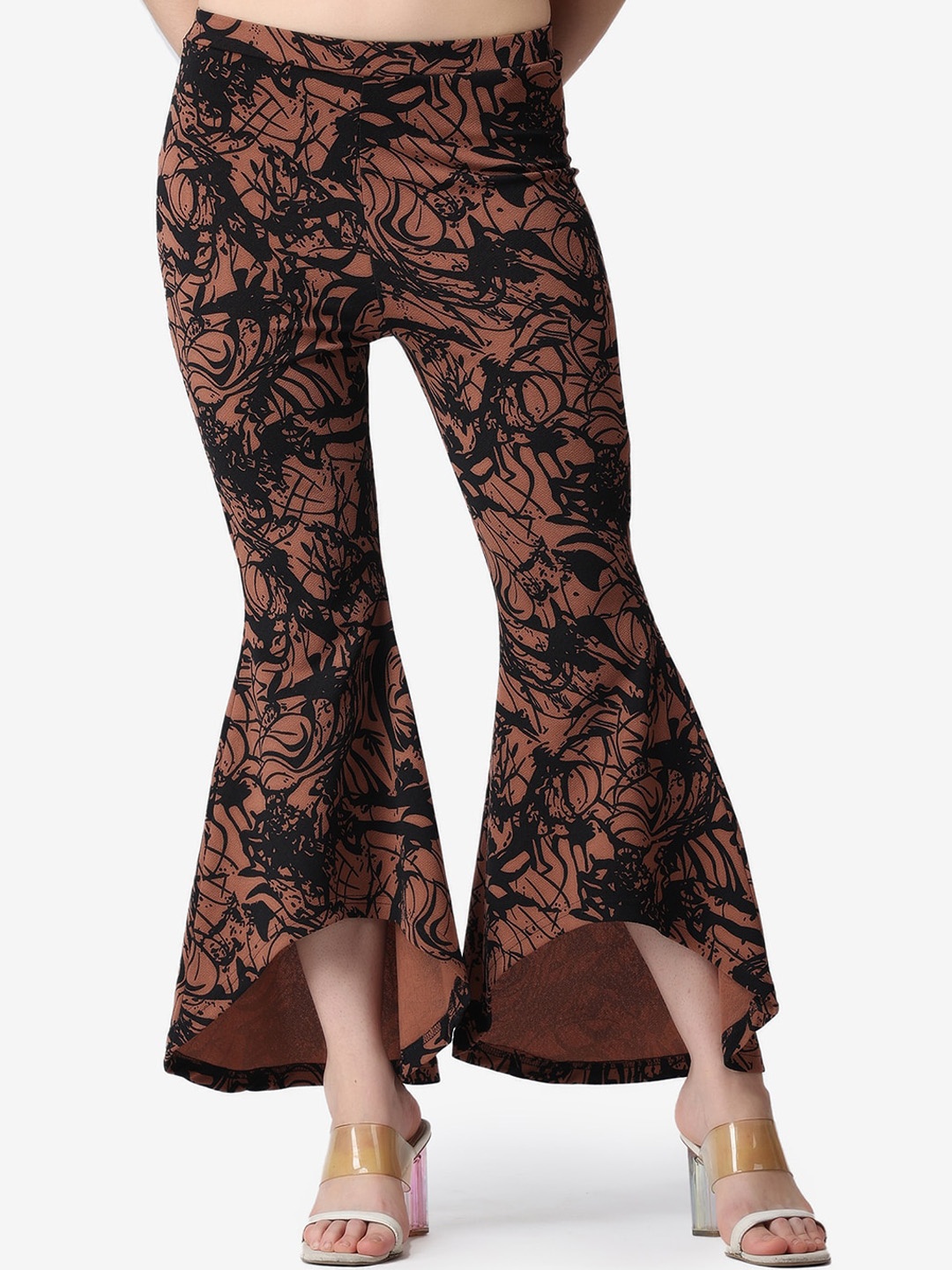 

Popwings Women Floral Printed Smart Flared High-Rise Wrinkle Free Trousers, Coffee brown