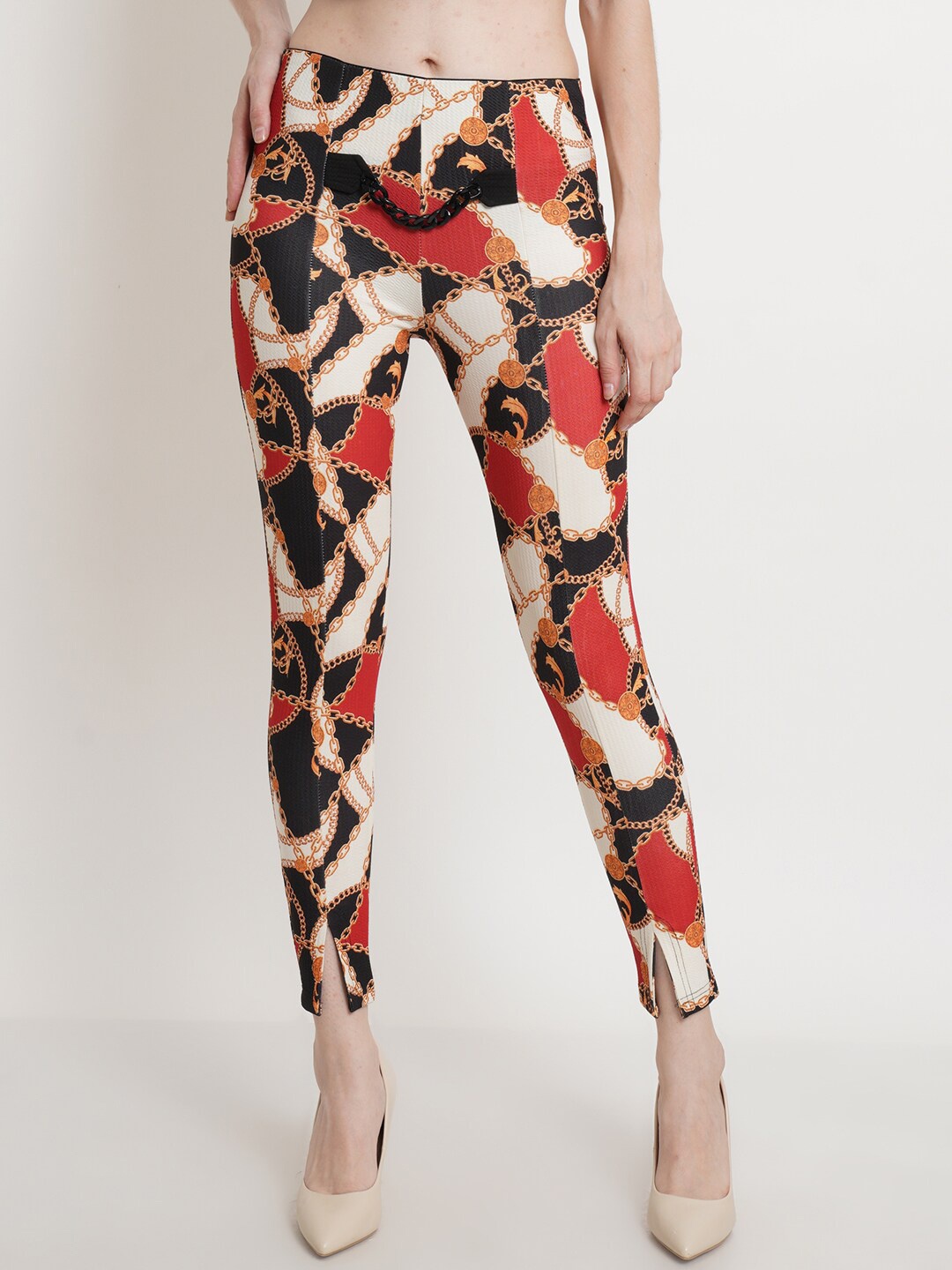 

Popwings Women Skinny Fit Printed Jeggings, Red
