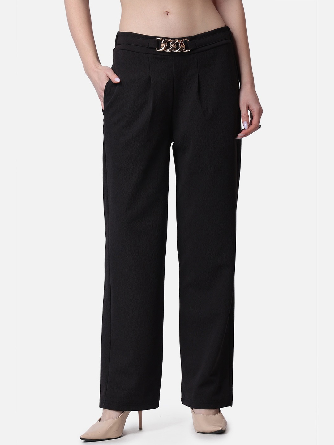

Popwings Women Relaxed Mid-Rise Easy Wash Pleated Trousers, Black