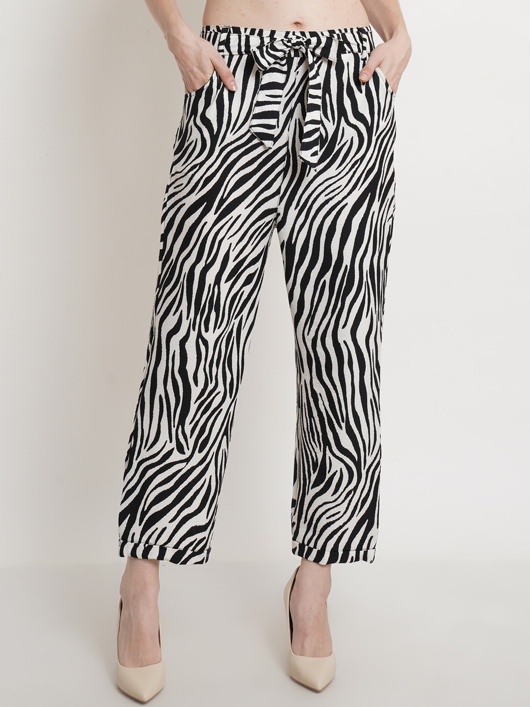 

Popwings Women Striped Relaxed Easy Wash Pleated Trousers, White