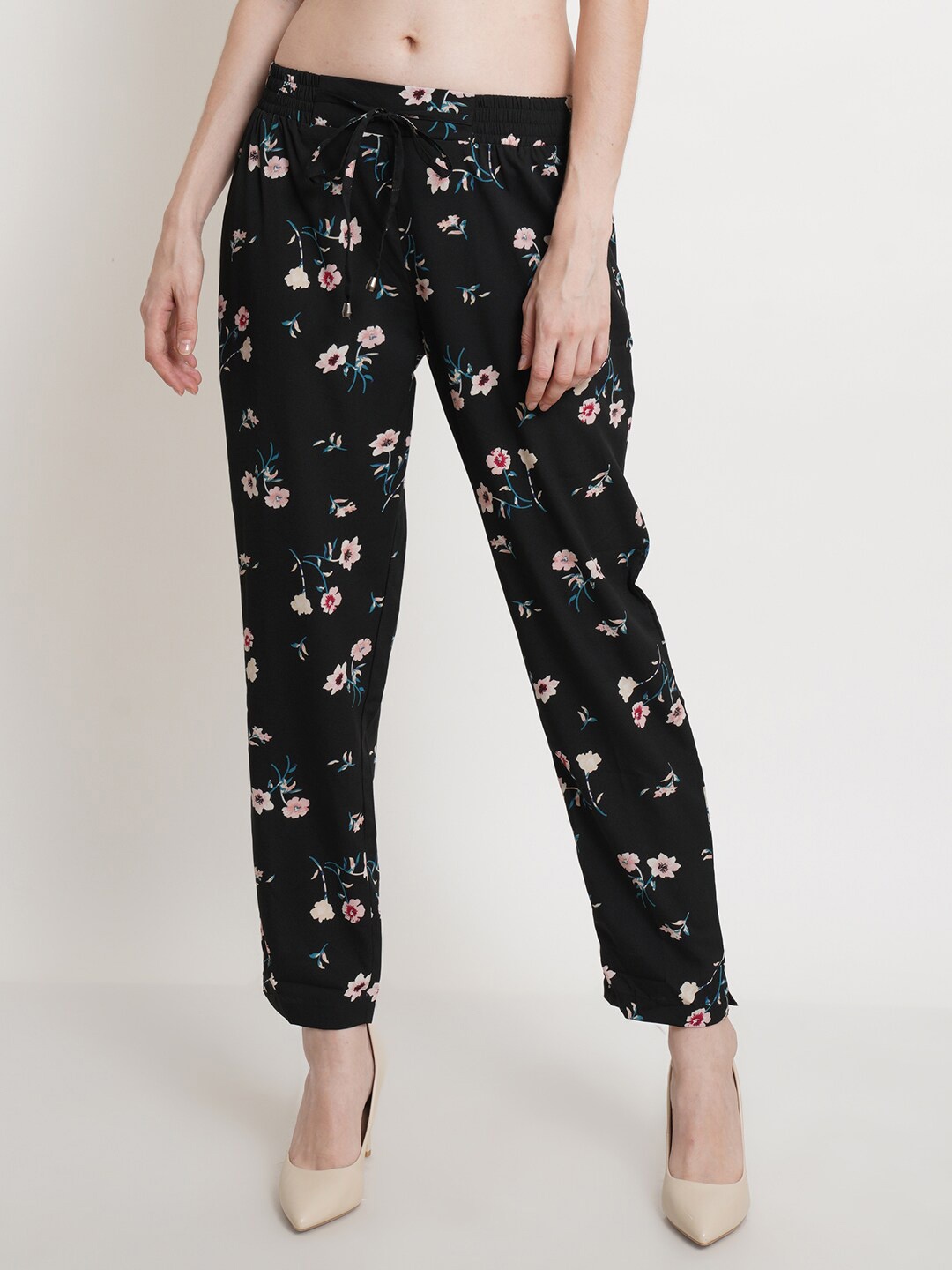 

Popwings Women Floral Printed Knitted Palazzos, Black
