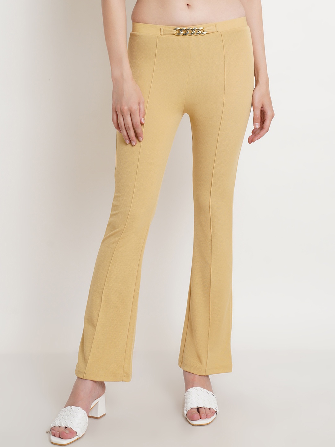 

Popwings Women Mid-Rise Relaxed Fit Bootcut Trousers, Gold
