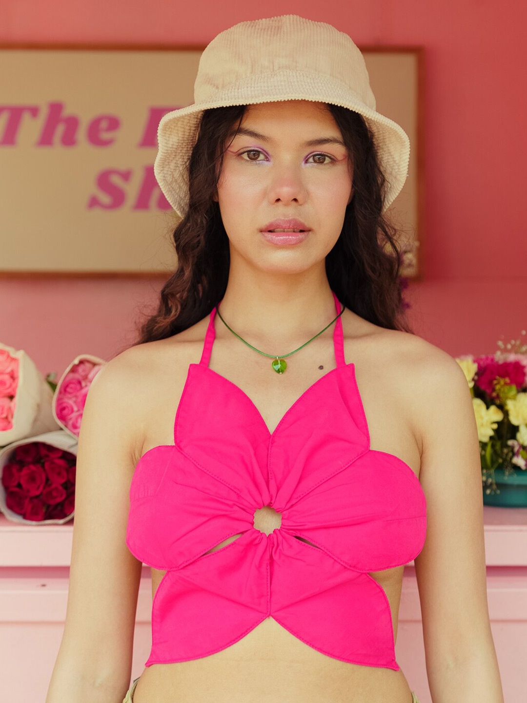 

FREAKINS Pink Halter Neck Pure Cotton Crop Regular Top