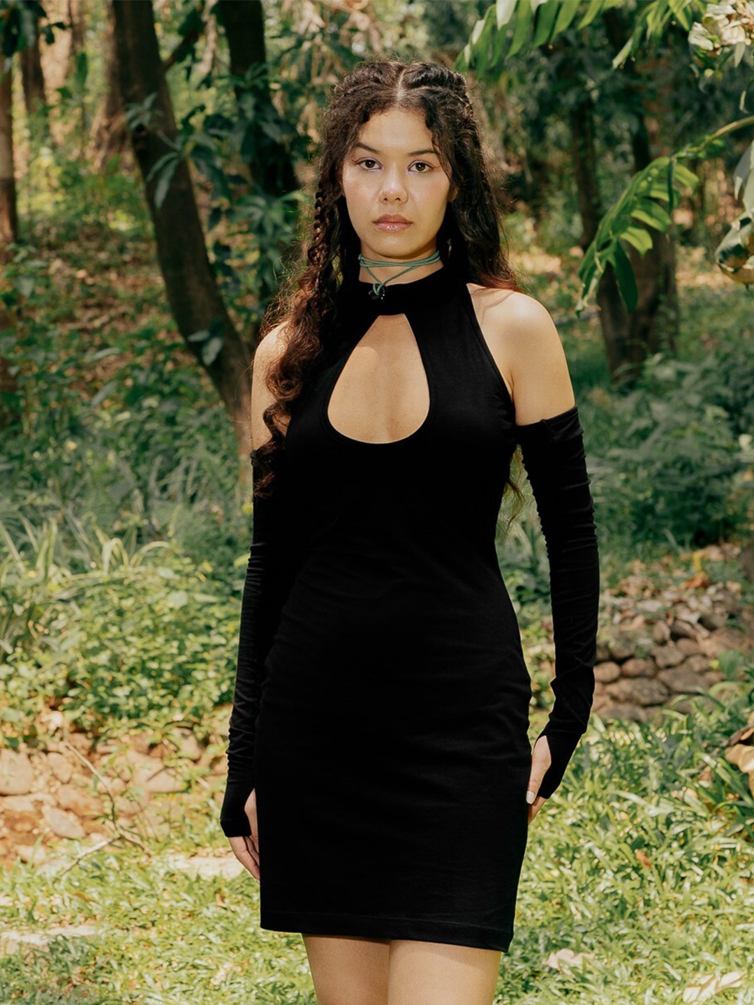 

FREAKINS Black High Neck Cold Shoulder Cut-Outs Detailed Cotton Bodycon Dress