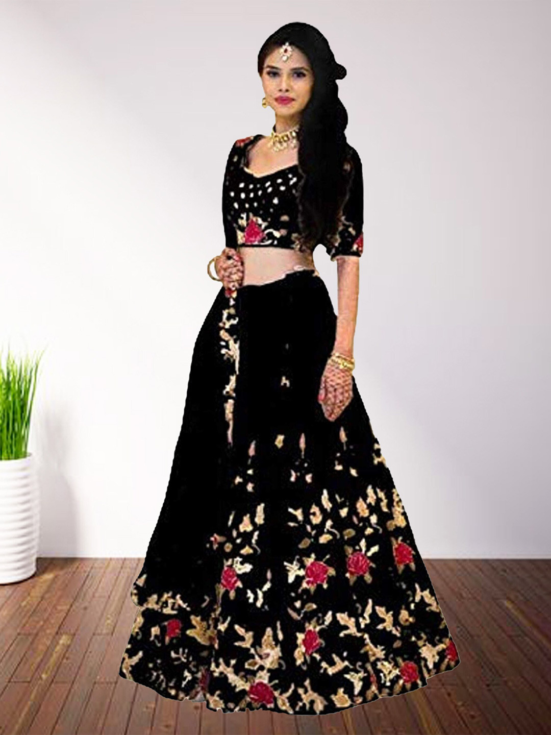 

N ENTERPRISE Embroidered Semi-Stitched Lehenga & Unstitched Blouse With Dupatta, Black