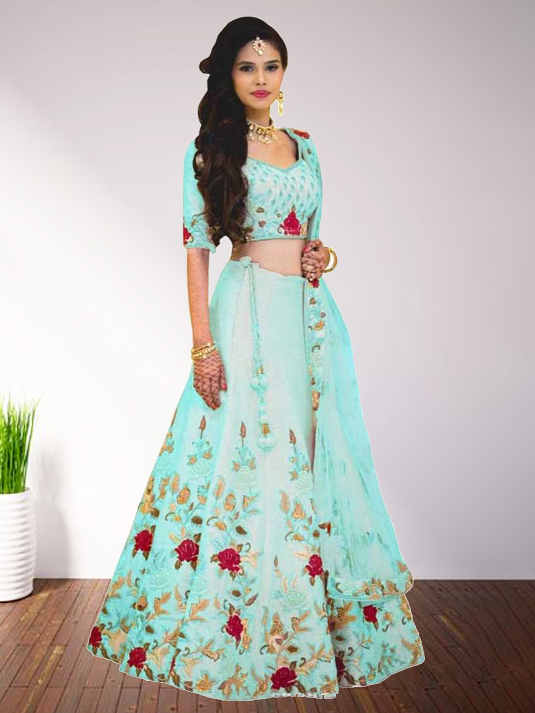 

N N ENTERPRISE Embroidered Semi-Stitched Lehenga With Unstitched Blouse & Dupatta, Turquoise blue