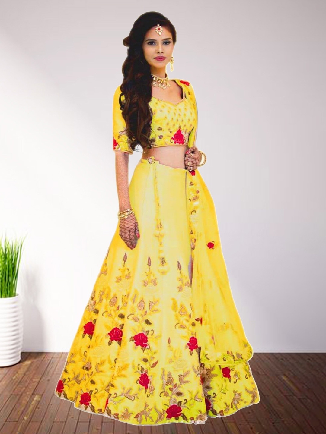 

N N ENTERPRISE Embroidered Semi-Stitched Lehenga With Unstitched Blouse & Dupatta, Yellow