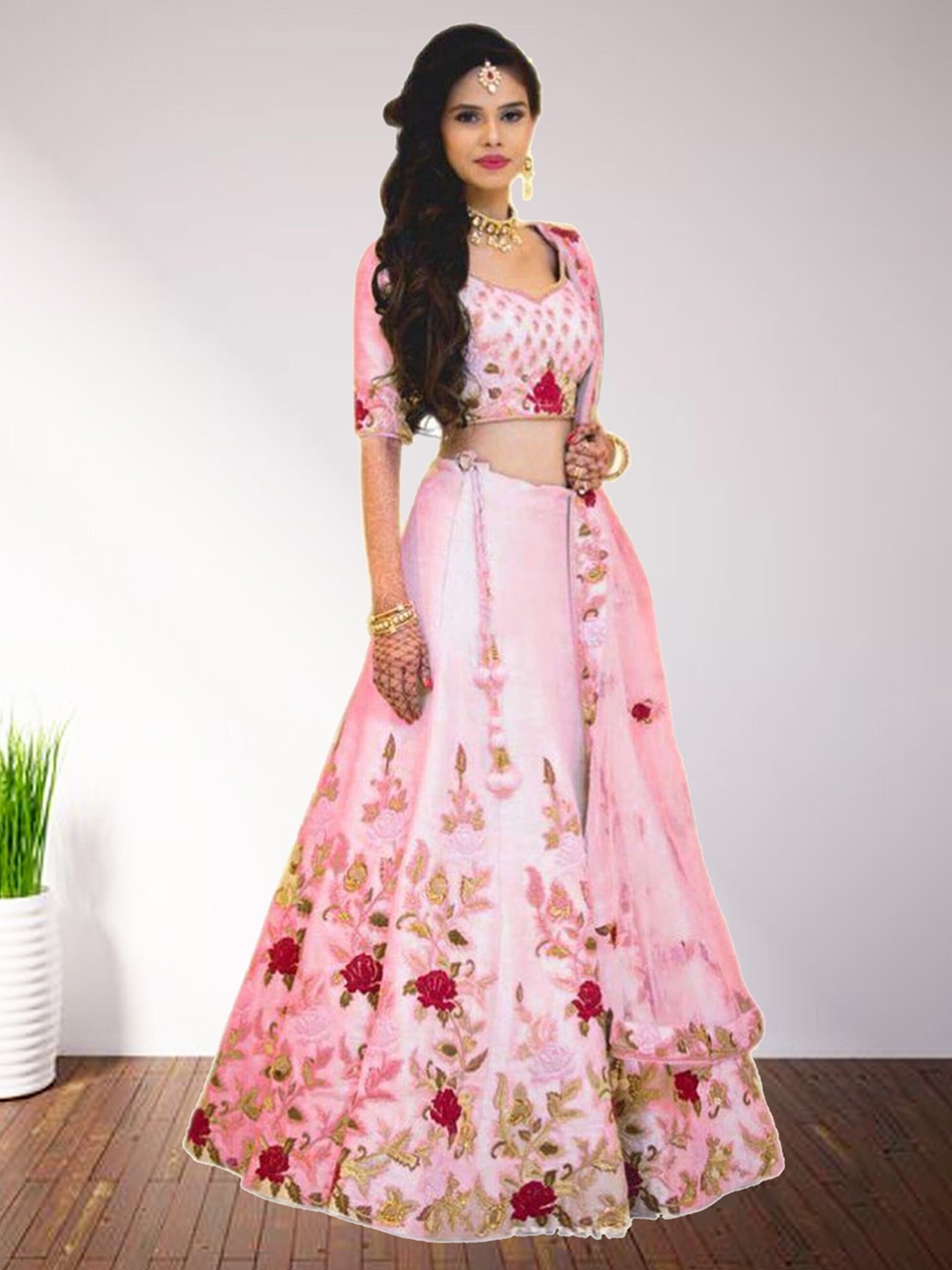 

N N ENTERPRISE Embroidered Semi-Stitched Lehenga With Unstitched Blouse & Dupatta, Pink