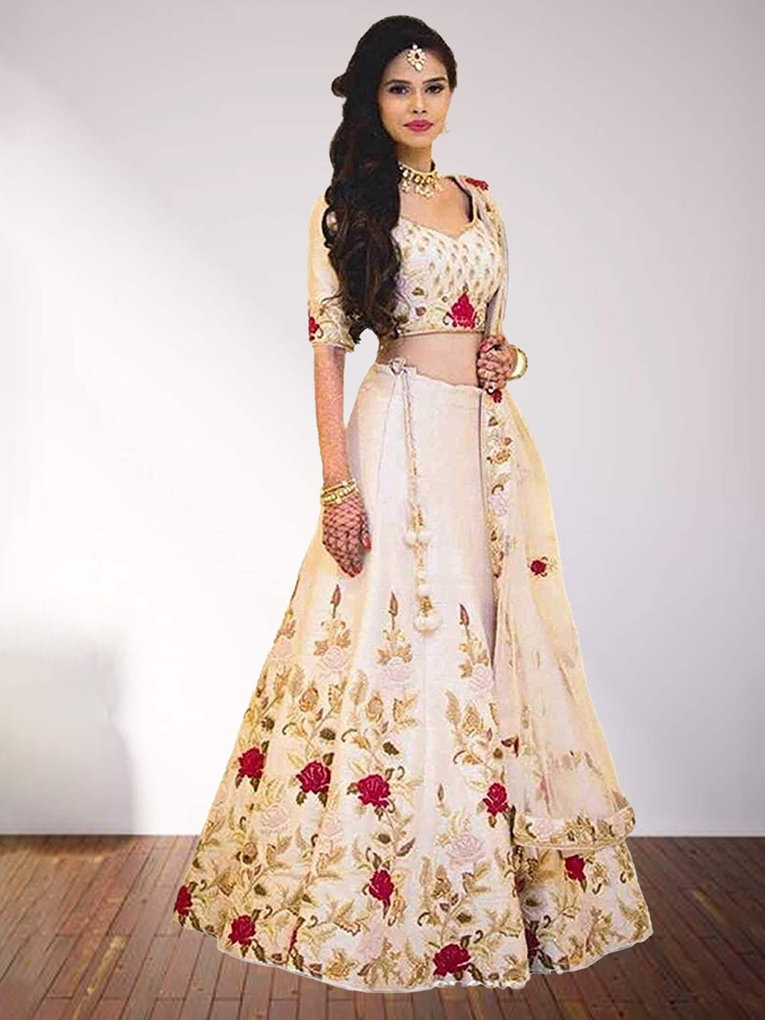 

N N ENTERPRISE Embroidered Semi-Stitched Lehenga With Unstitched Blouse & Dupatta, Cream