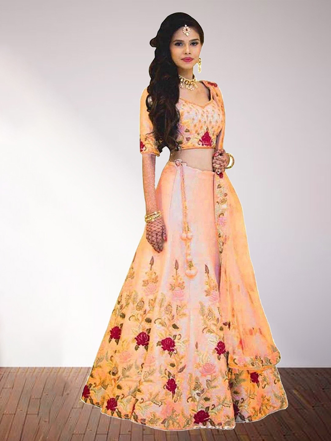 

N N ENTERPRISE Embroidered Semi-Stitched Lehenga & Unstitched Blouse With Dupatta, Orange
