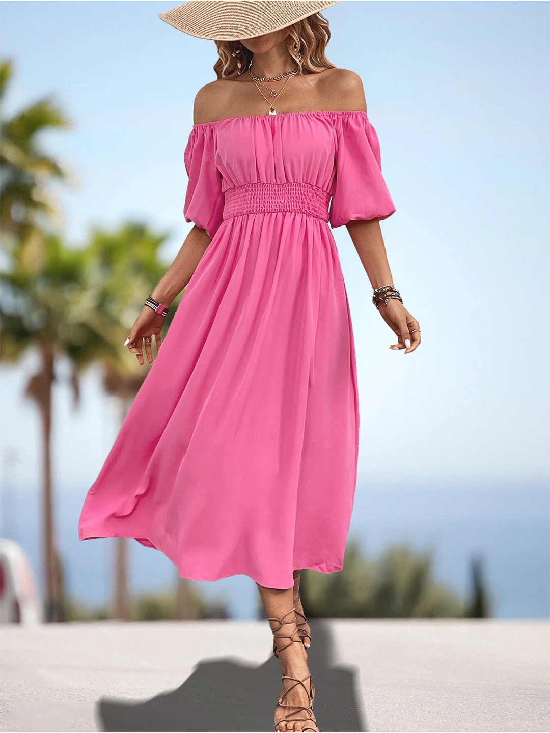 

BoStreet Pink Off Shoulder Smocked Fit & Flare Midi Dress