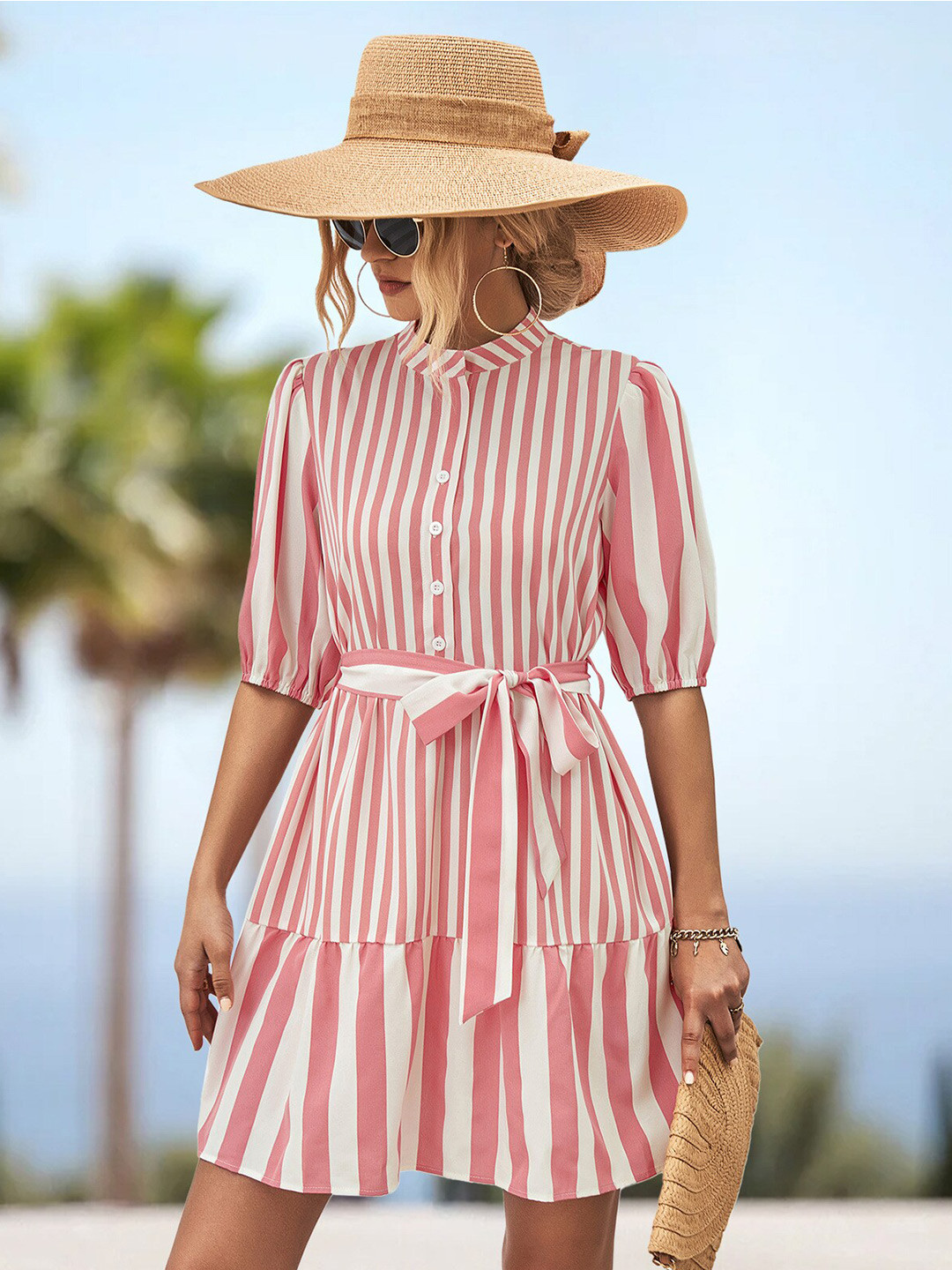 

StyleCast Pink & White Striped Belted Puff Sleeves Fit & Flare Dress