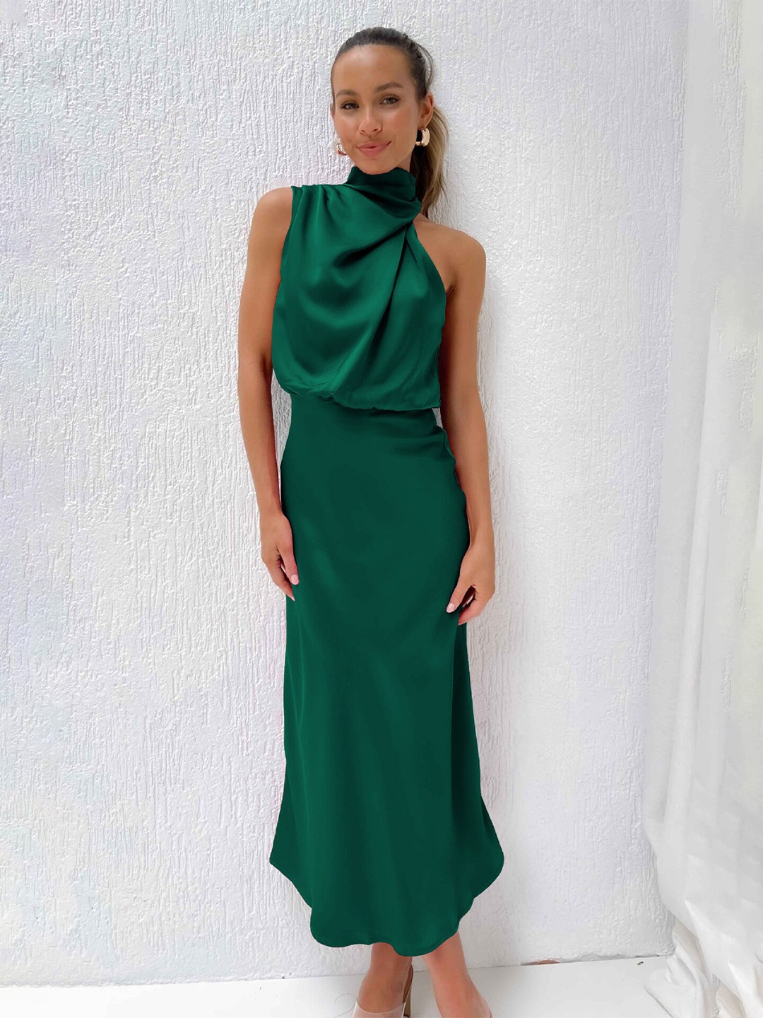 

BoStreet Green High Neck Blouson Maxi Dress