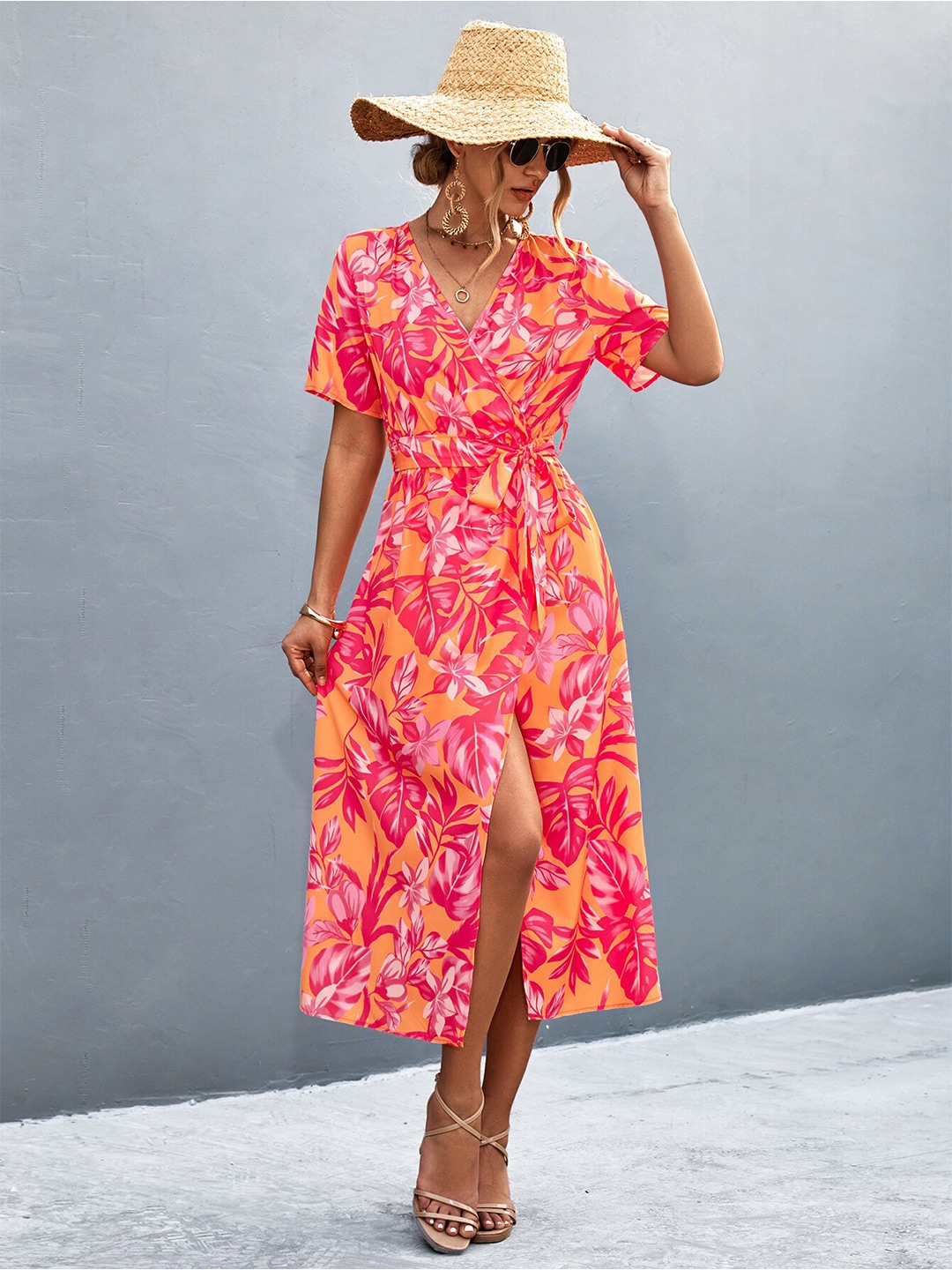 

BoStreet Orange Floral Printed Side Slit Cut-Out Warp Midi Dress