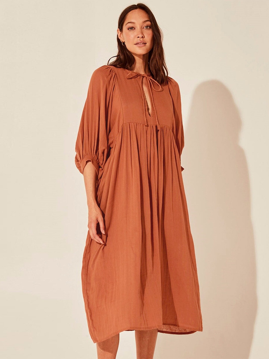 

BoStreet Brown Colour Tie Up Neck Puff Sleeve Gathered Empire Dress