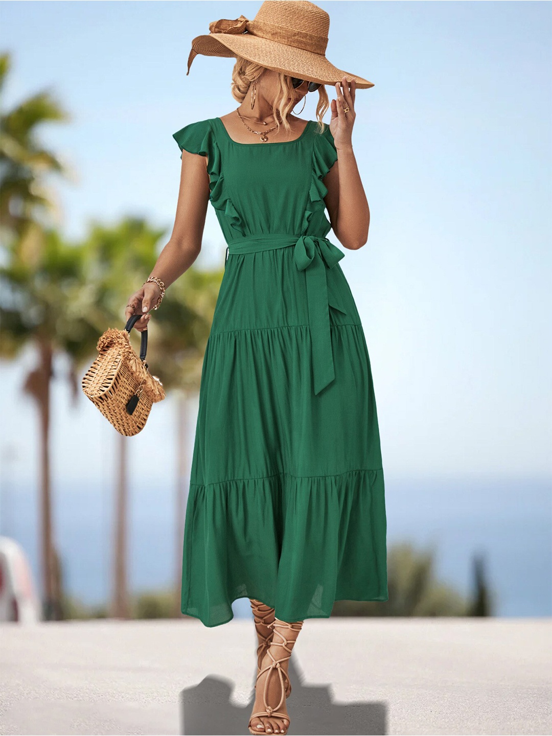 

BoStreet Green Square Neck Tiered A-Line Dress