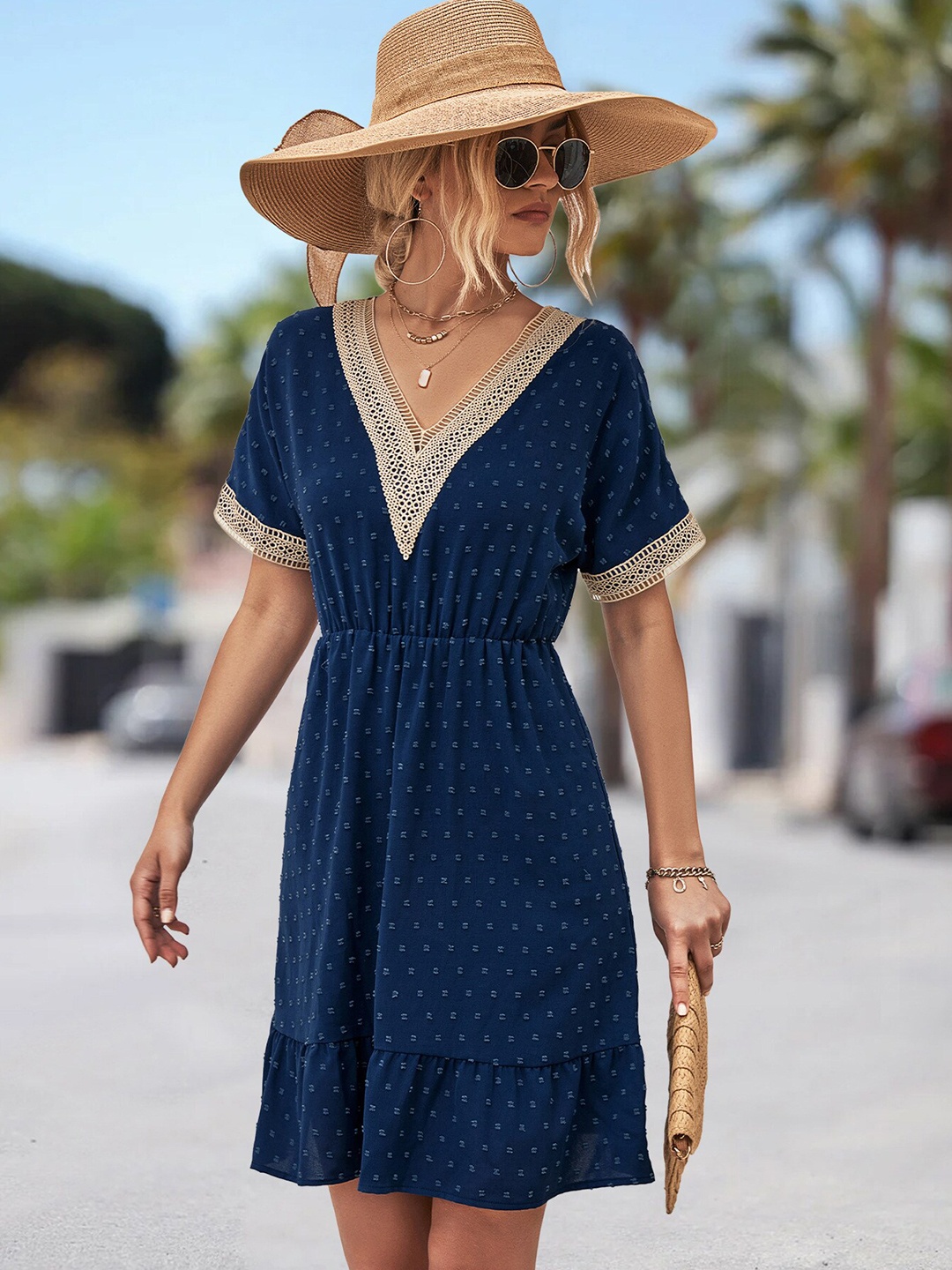 

StyleCast Navy Blue Self Design V-Neck Short Sleeve Mini A-Line Dress