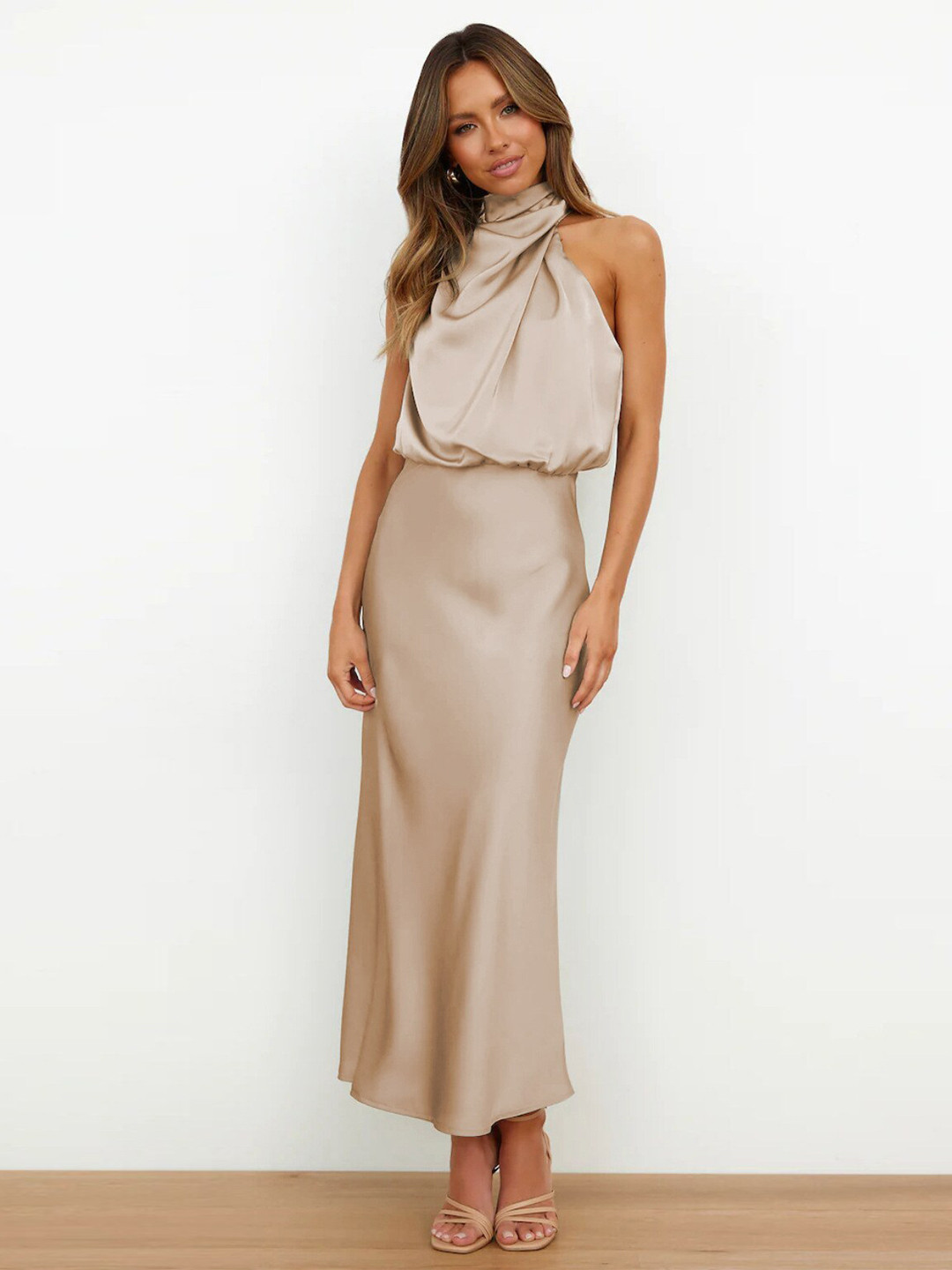 

BoStreet Cream High Neck Satin Fit & Flare Dress, Beige