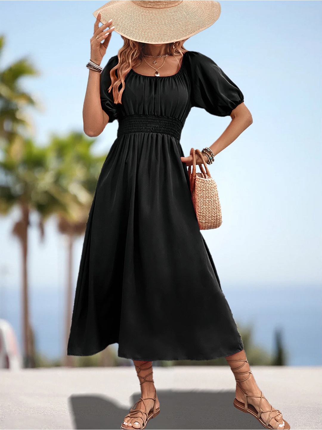 

StyleCast Black Smocked Off-Shoulder Fit & Flare Midi Dress