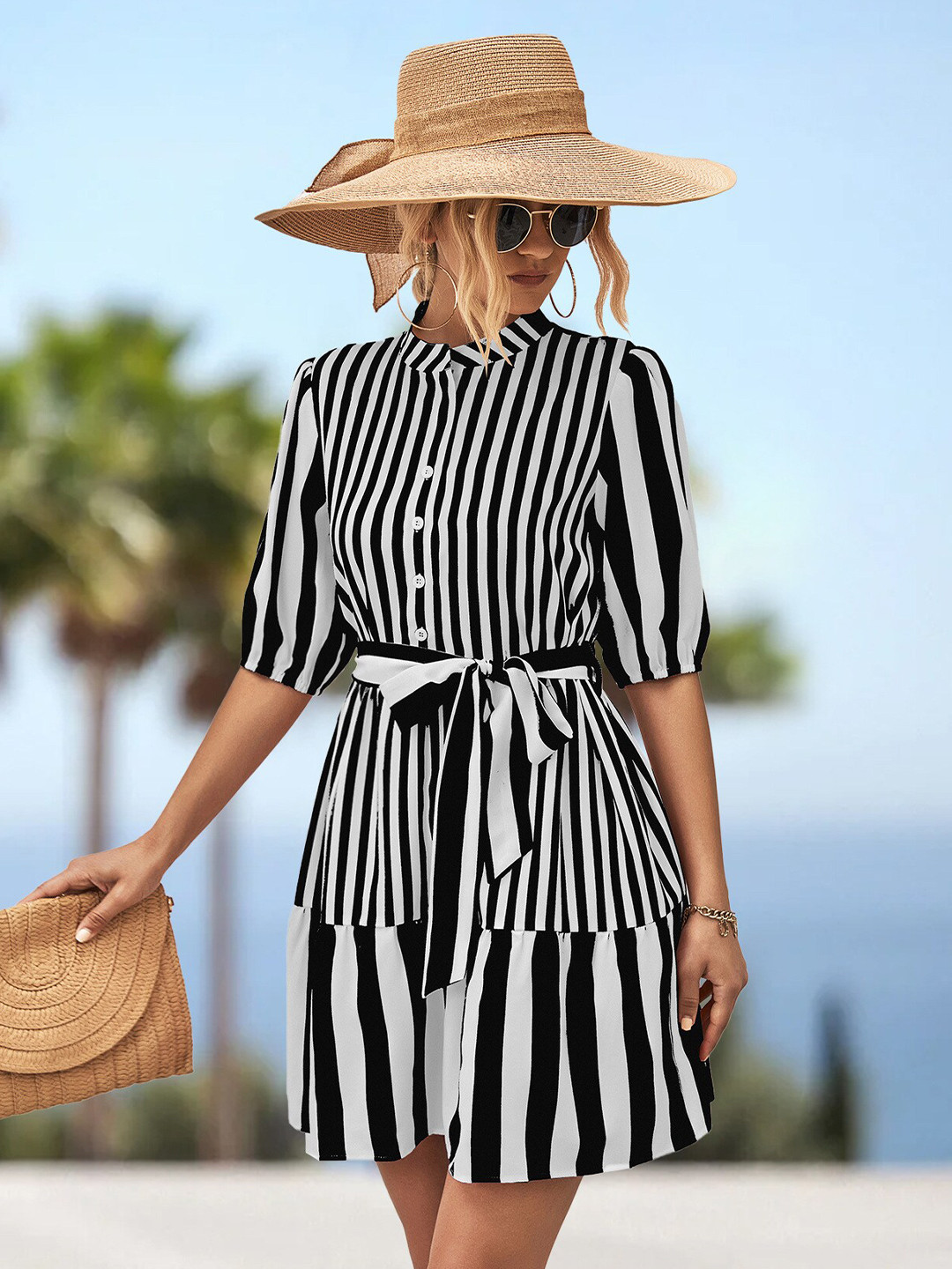 

BoStreet Black & White Stripe Button-Front Belted Shirt Dress