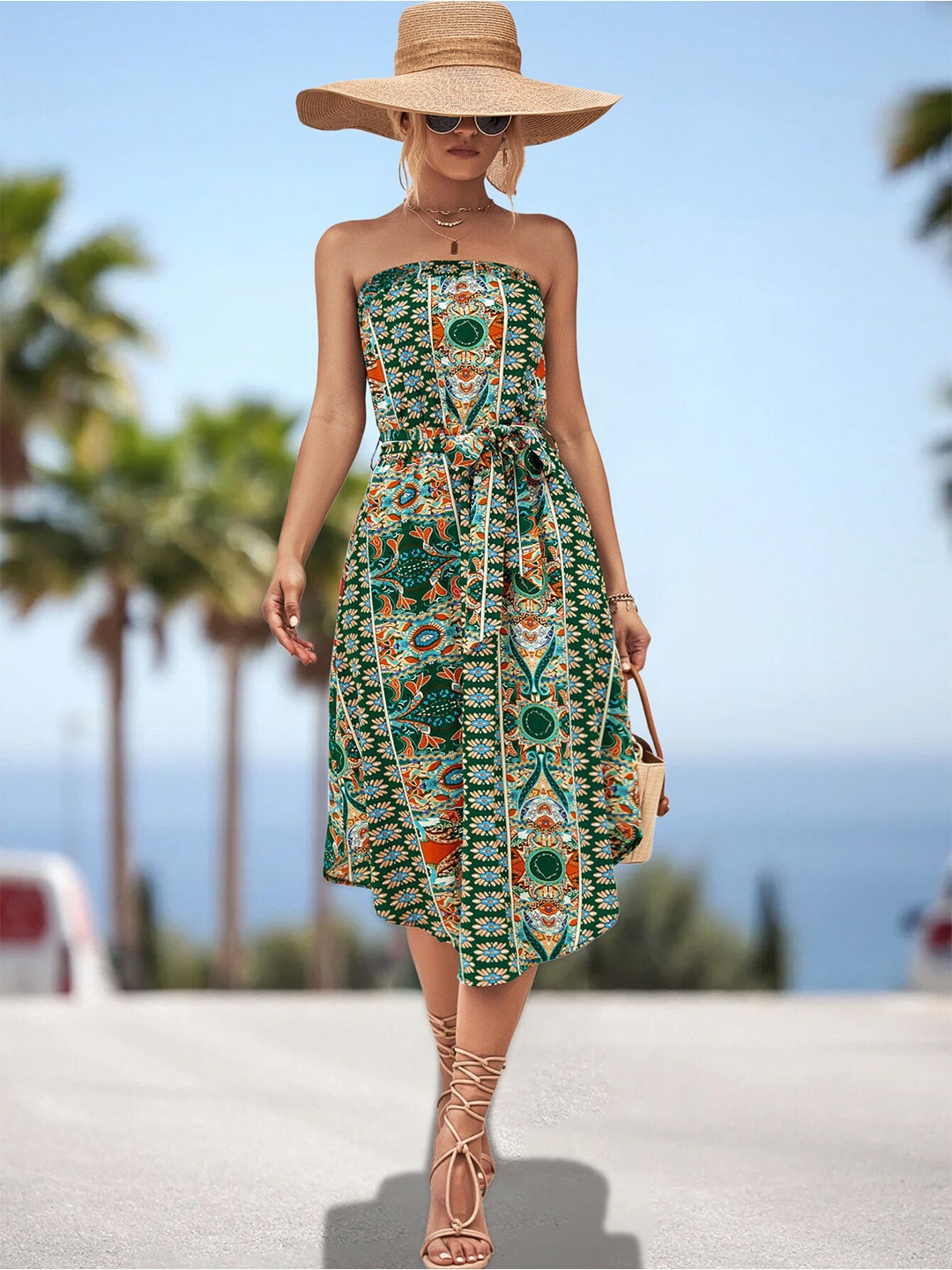

BoStreet Green & Orange Coloured Ethnic Printed Strapless Fit & Flare Midi Dress