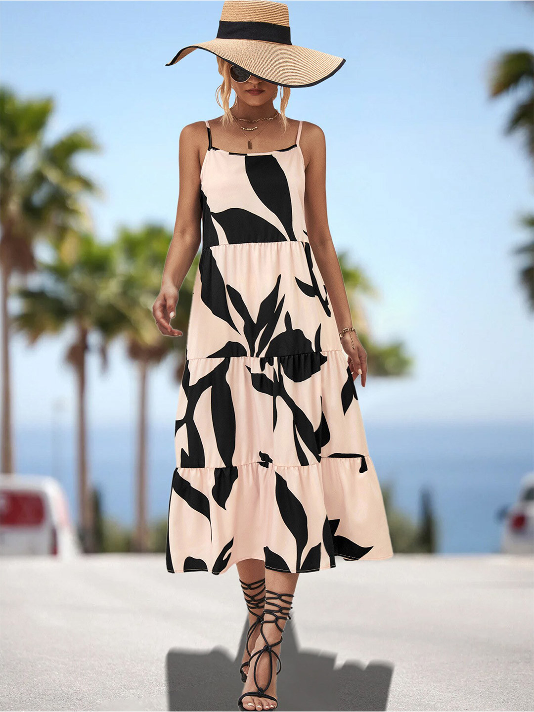 

StyleCast Beige Floral Printed Square Neck Sleeveless Fit & Flare Midi Dress