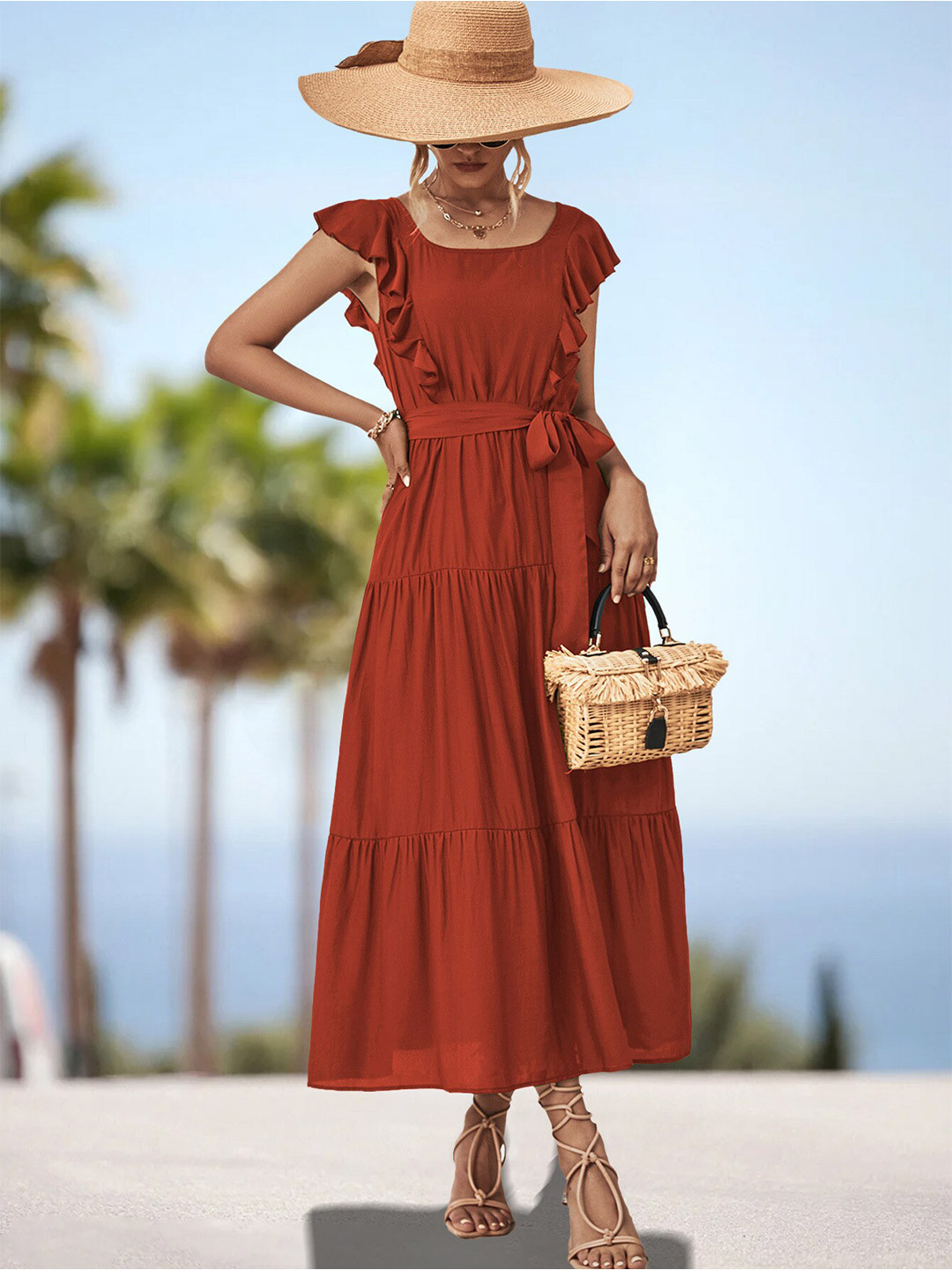 

BoStreet Brown Round Neck Flutter Sleeves Maxi Dress