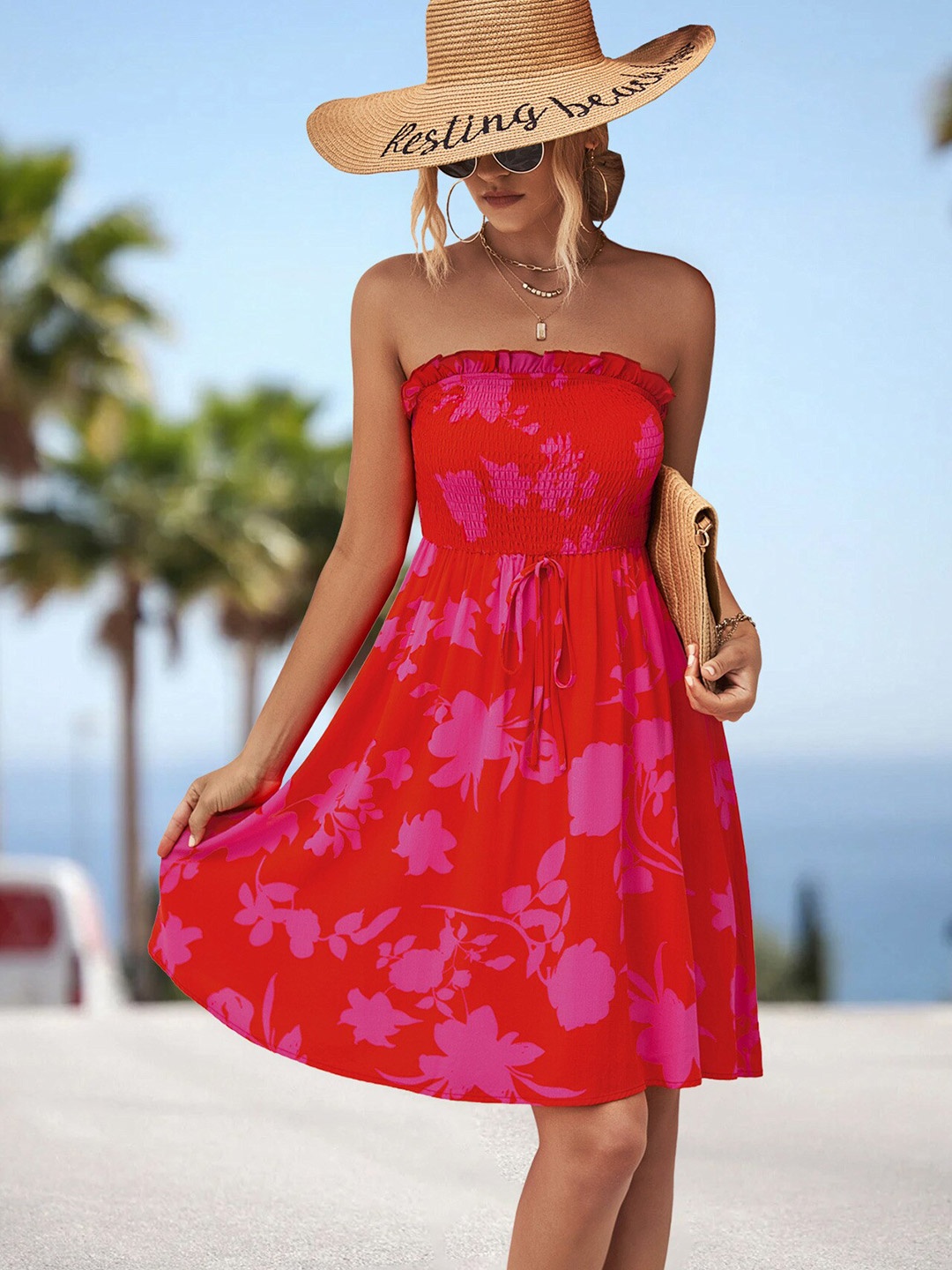 

StyleCast Red Floral Printed Smocked Fit & Flare Dress