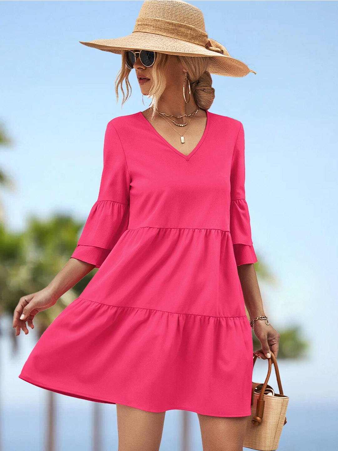 

BoStreet Pink Bell Sleeve V-Neck Tiered A-Line Dress