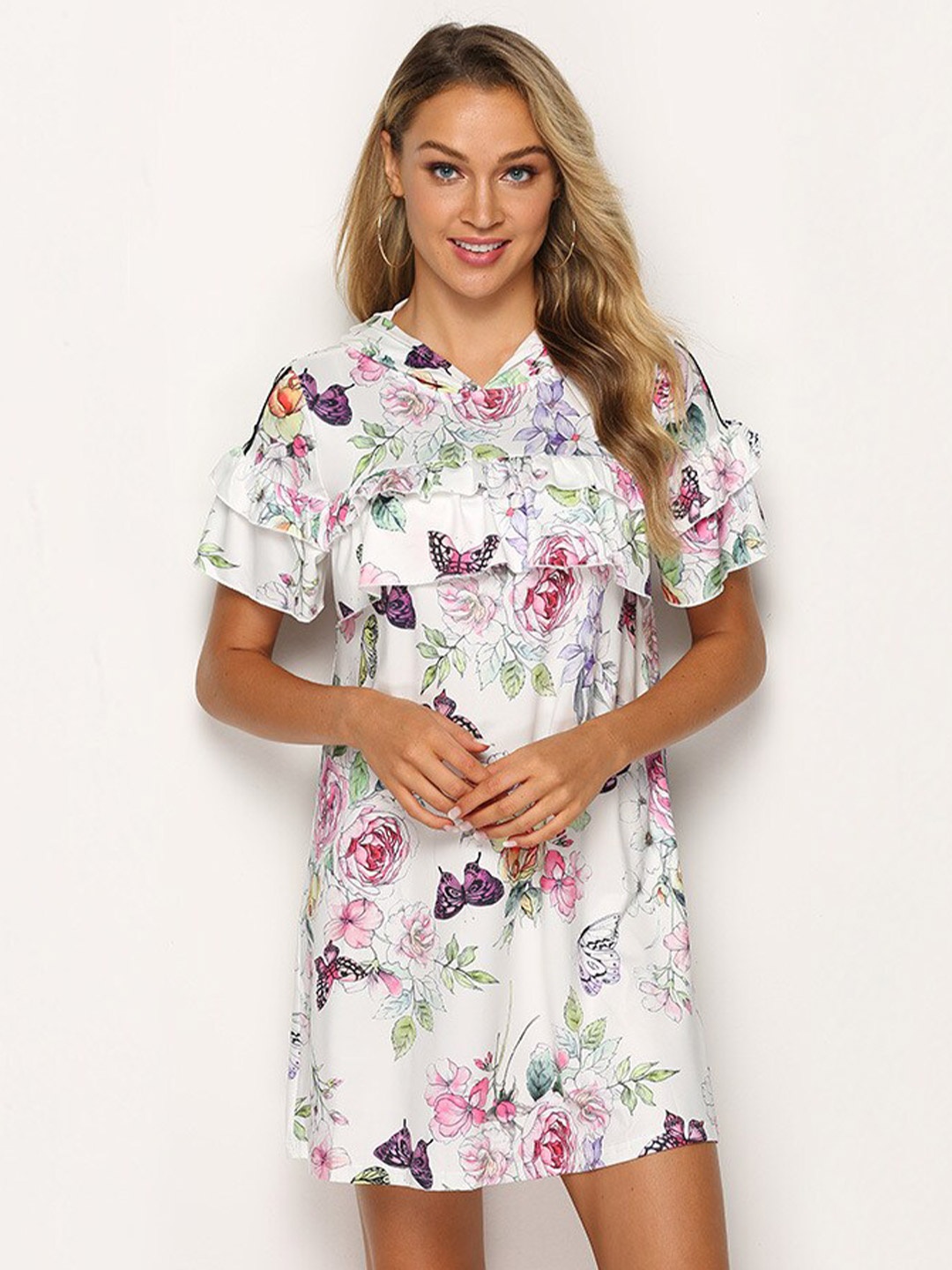 

BoStreet White Floral Printed Ruffled Detailed Hooded Collar A-Line Dress