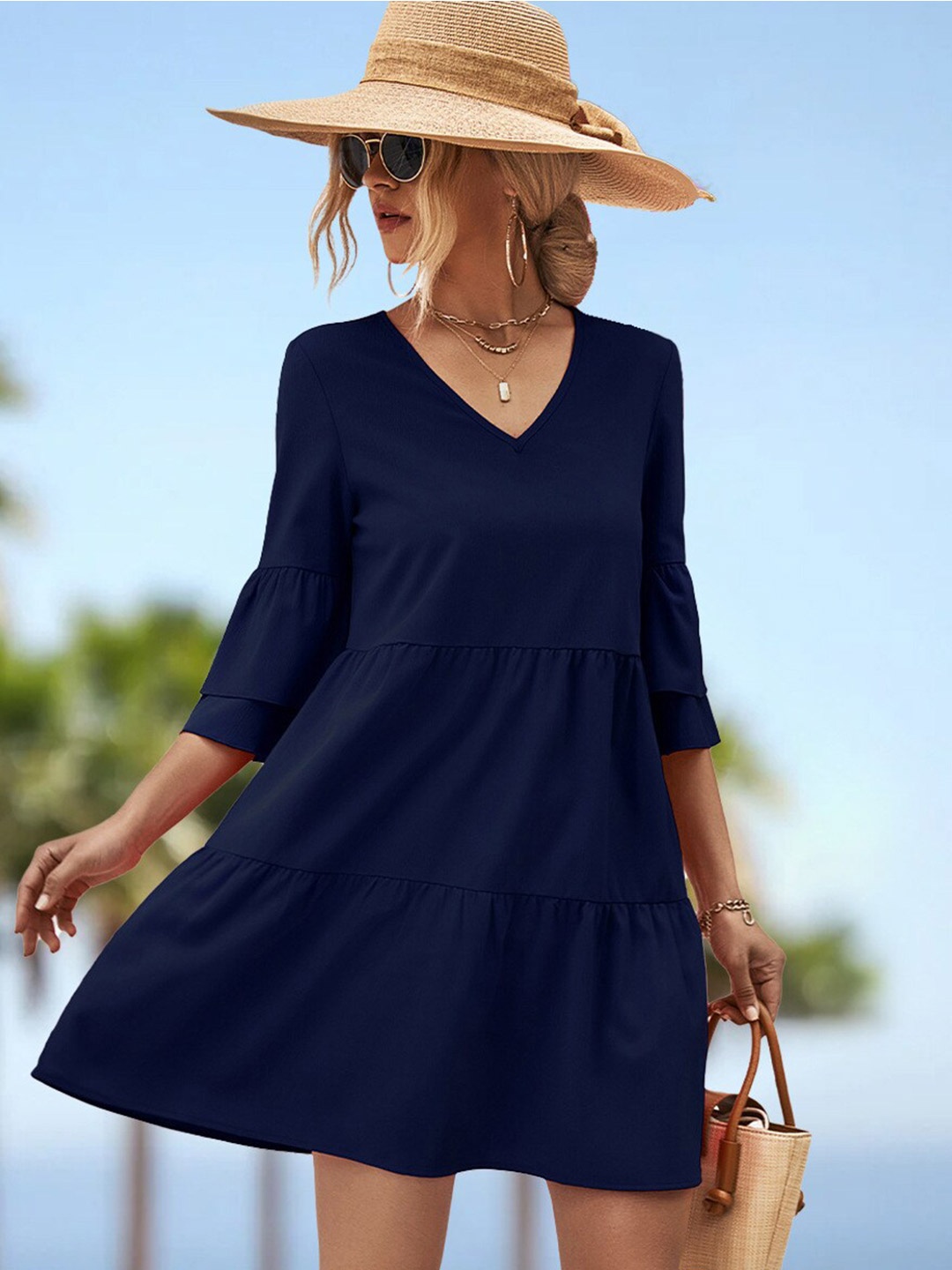 

BoStreet Navy Blue V-Neck Tiered Bell Sleeve Mini Fit & Flare Dress