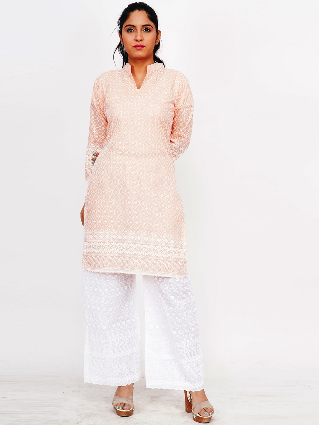 

Trendzmy Floral Embroidered Regular Straight Kurta With Palazzos, Peach