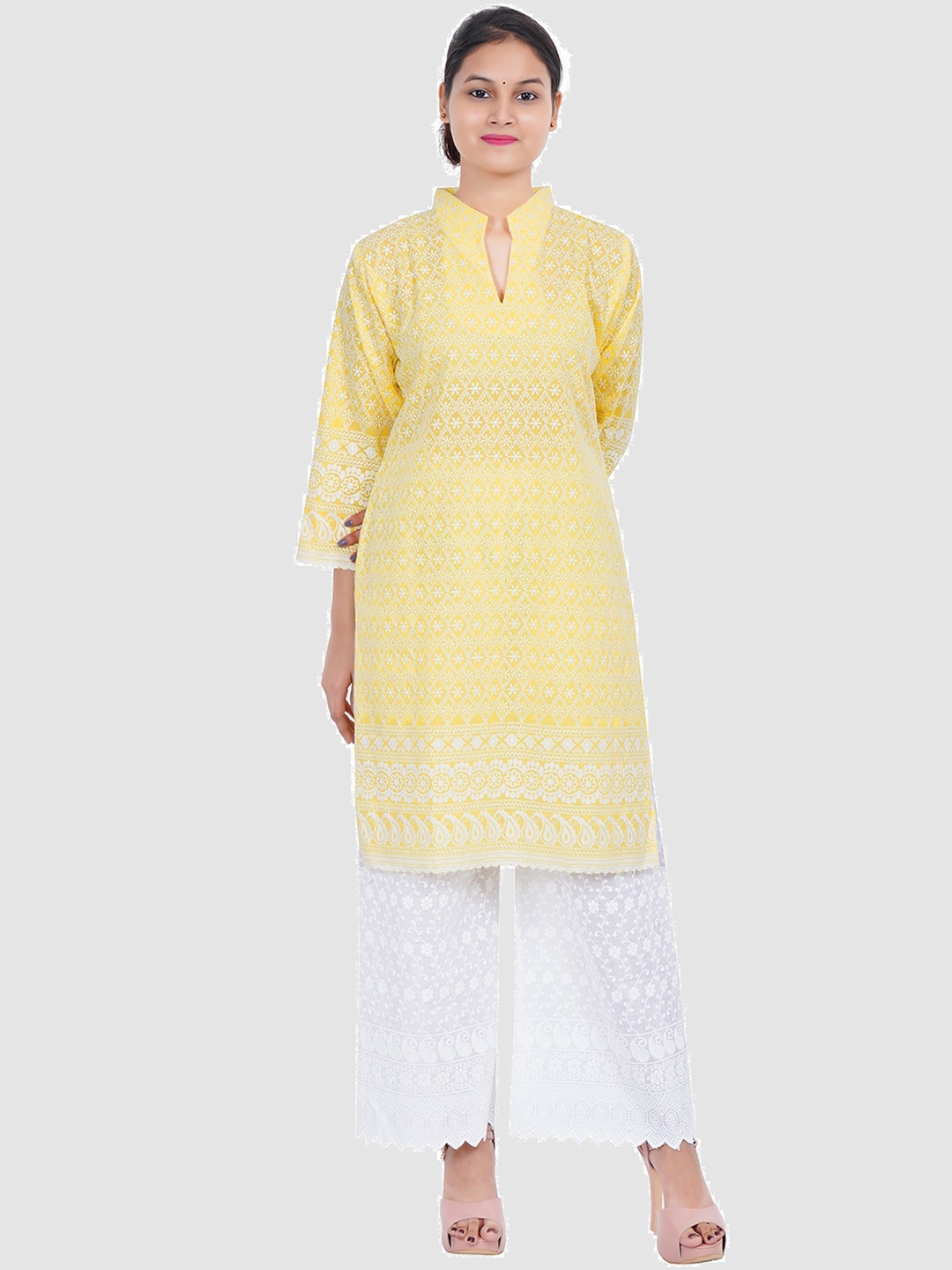 

Trendzmy Ethnic Motifs Embroidered Chikankari Mandarin Collar Kurta With Palazzos, Yellow