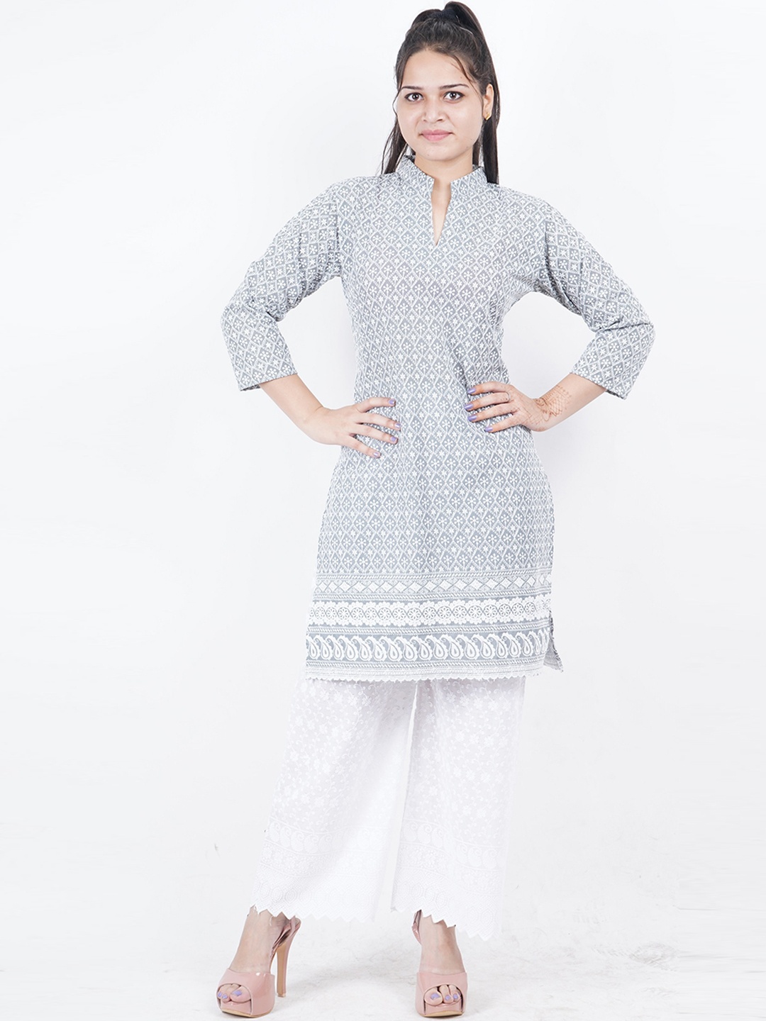 

Trendzmy Women Grey Embroidered Regular Chikankari Kurta with Palazzos