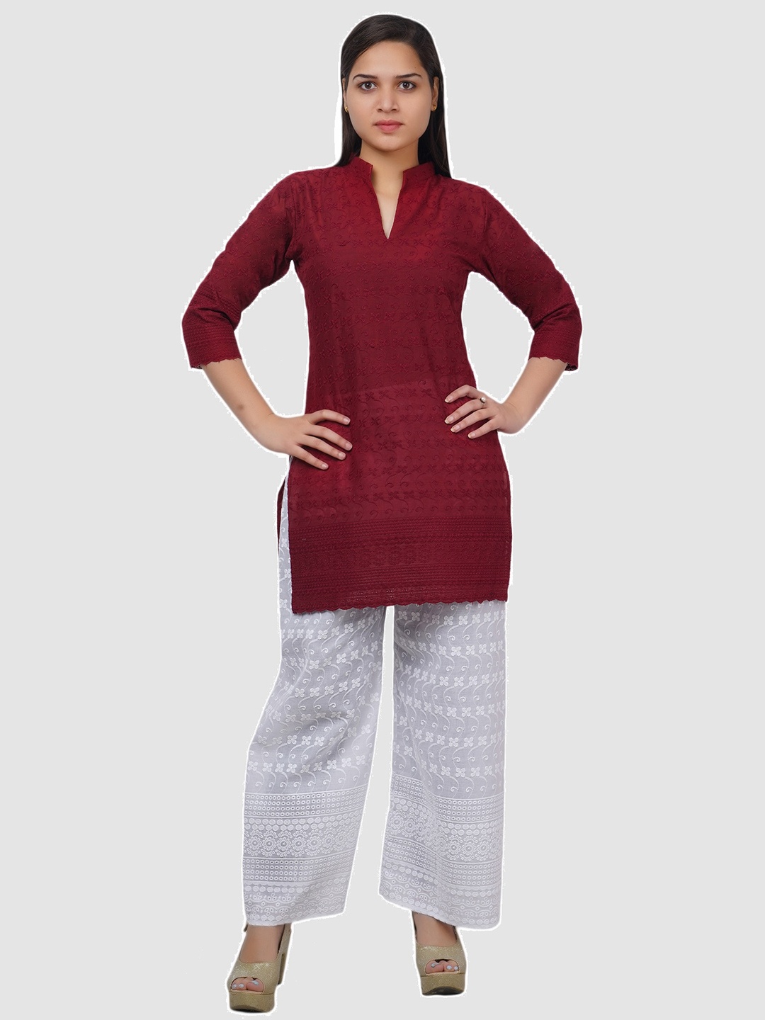 

Trendzmy Floral Embroidered Straight Kurta With Palazzos, Maroon