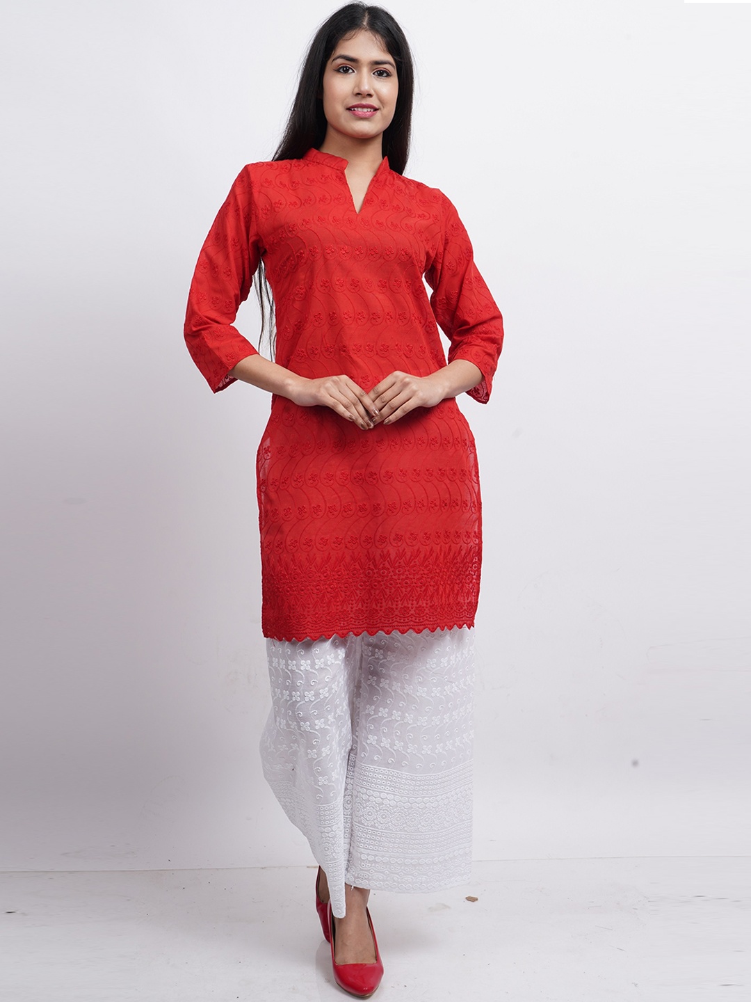 

Trendzmy Floral Embroidered Regular Straight Kurta With Palazzos, Red