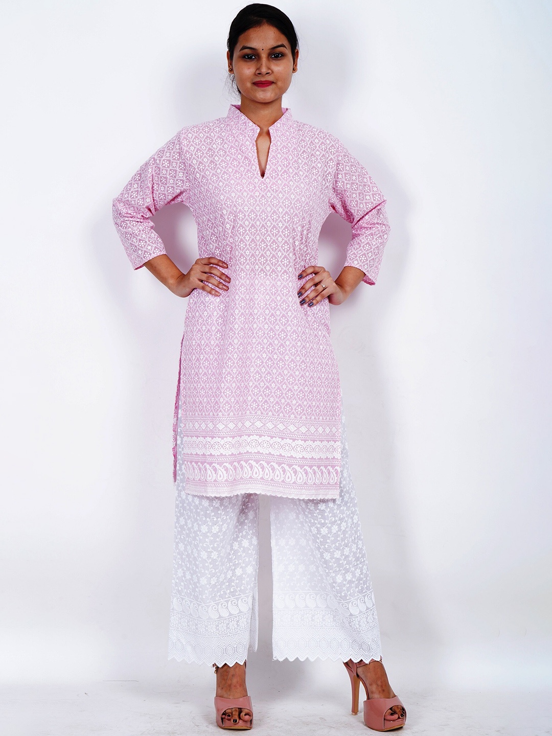 

Trendzmy Ethnic Motifs Embroidered Straight Kurta With Palazzos, Pink