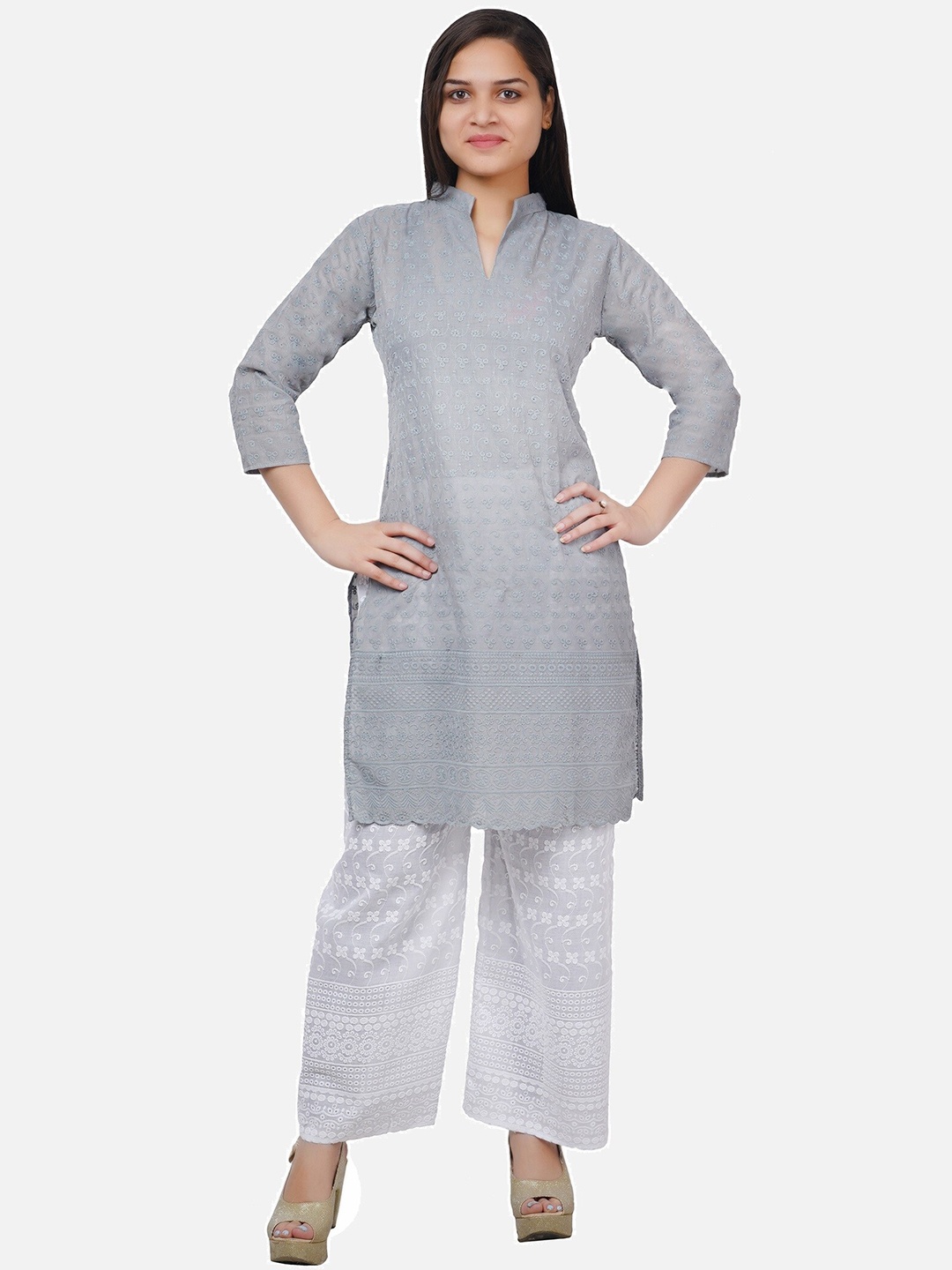 

Trendzmy Floral Embroidered Regular Straight Kurta With Palazzos, Grey