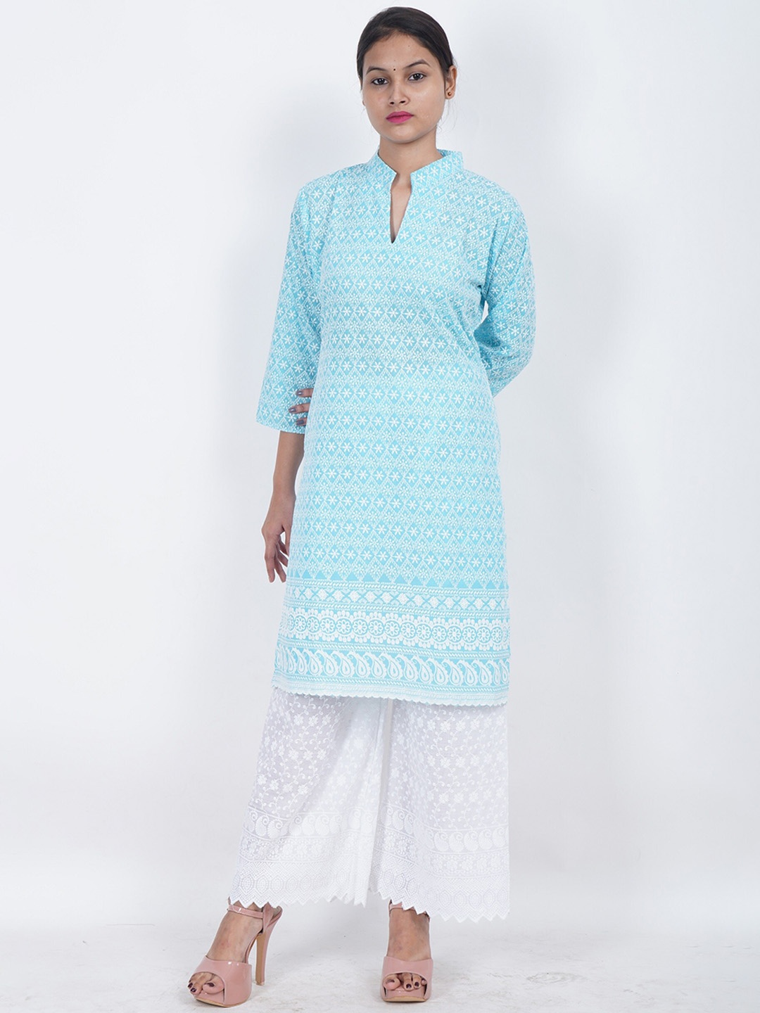 

Trendzmy Ethnic Motifs Embroidered Straight Kurta With Palazzos, Turquoise blue