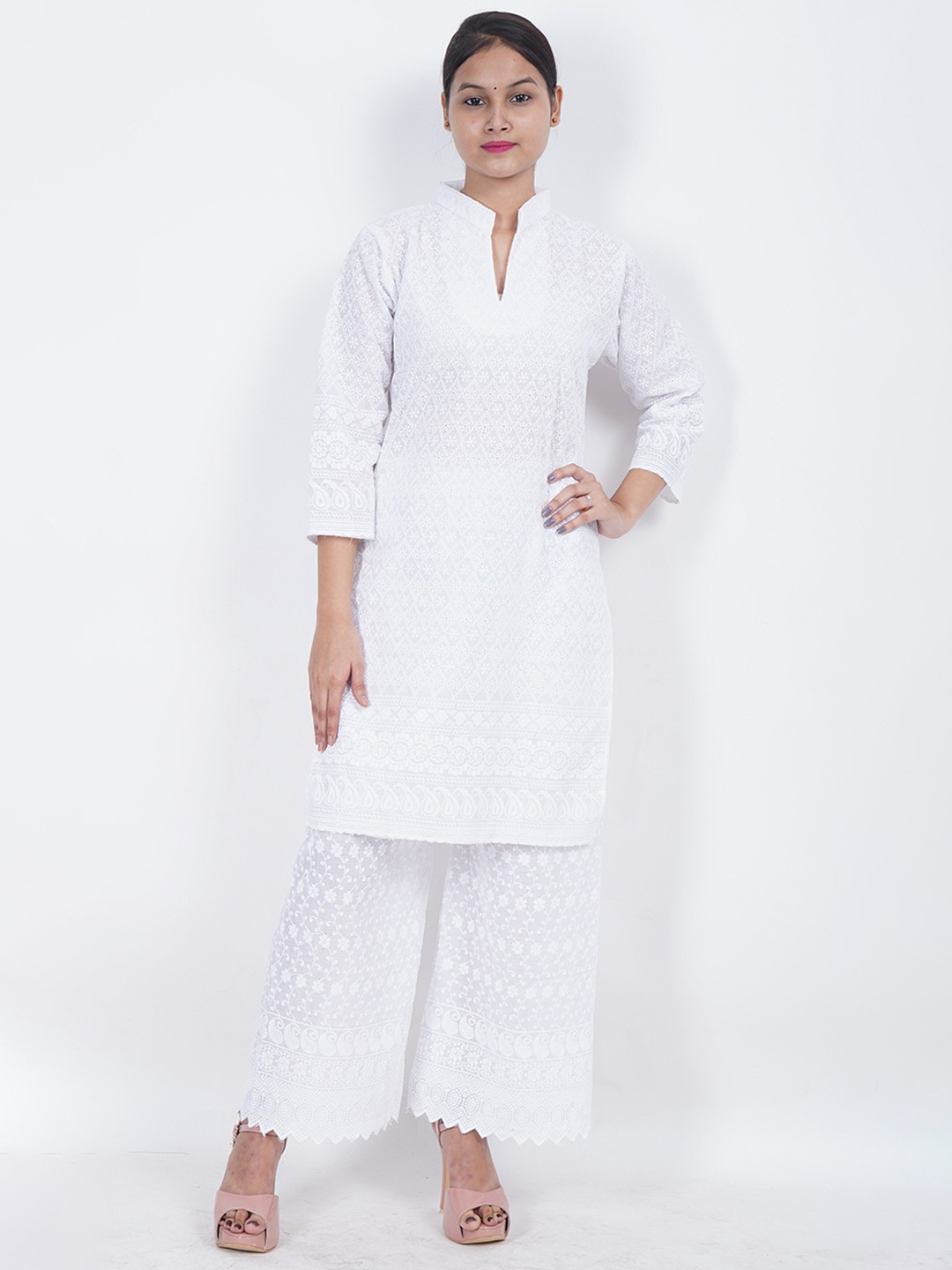 

Trendzmy Floral Embroidered Regular Straight Kurta With Palazzos, White
