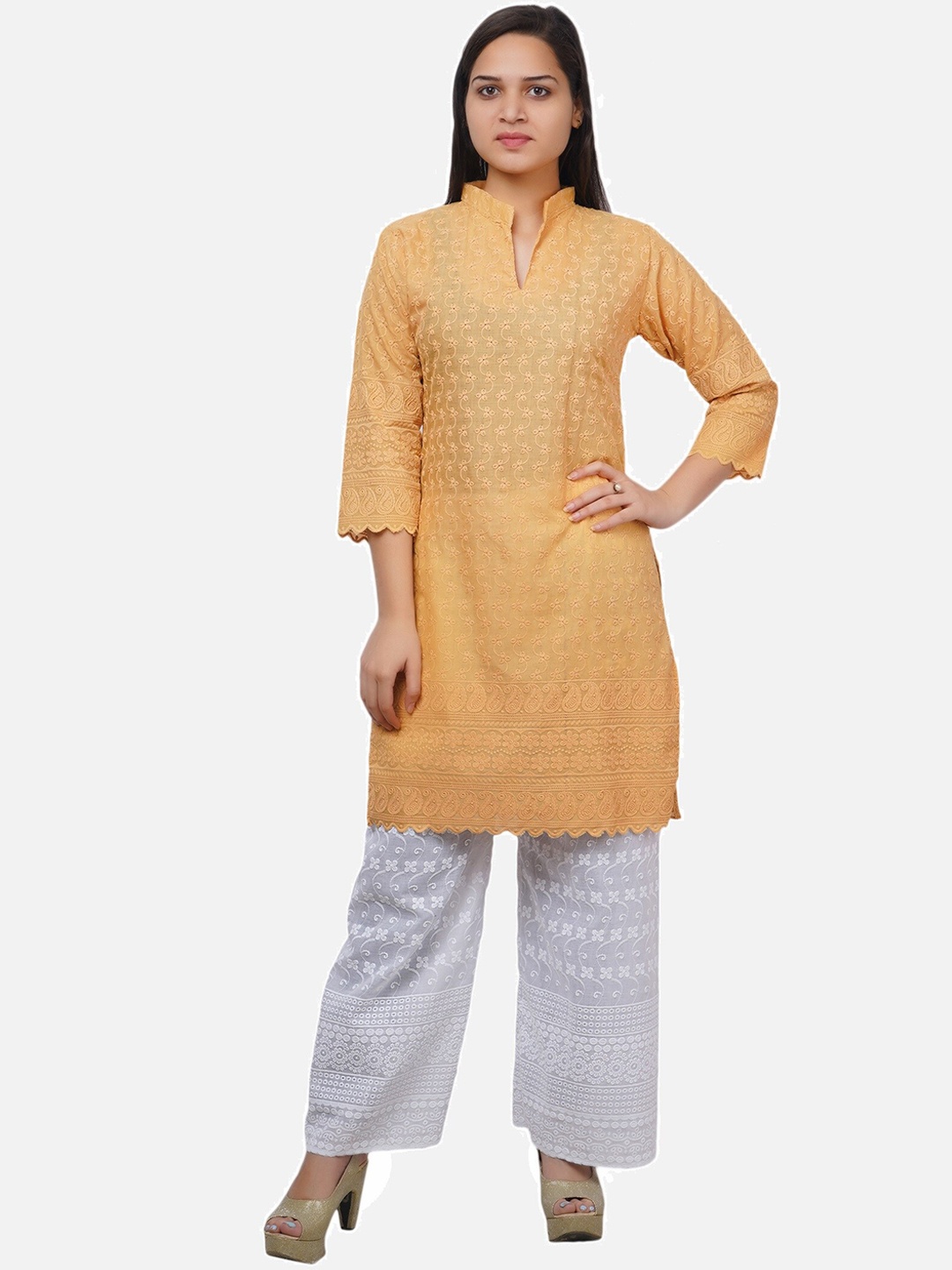 

Trendzmy Ethnic Motifs Embroidered Straight Kurta With Palazzos, Beige